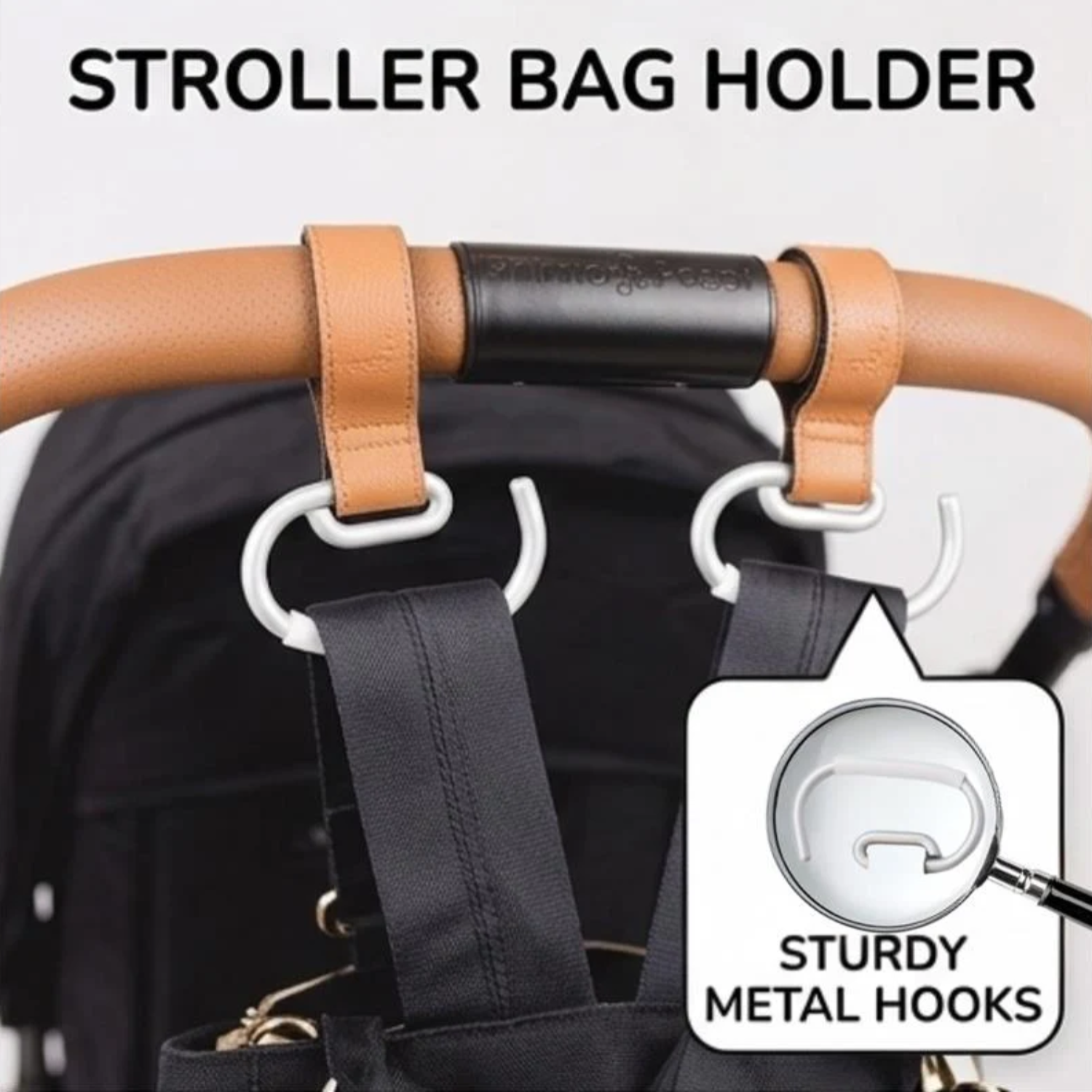 2 Hooks being used as a Stroller bag holder featuring 'Sturdy Metal Hooks' text.