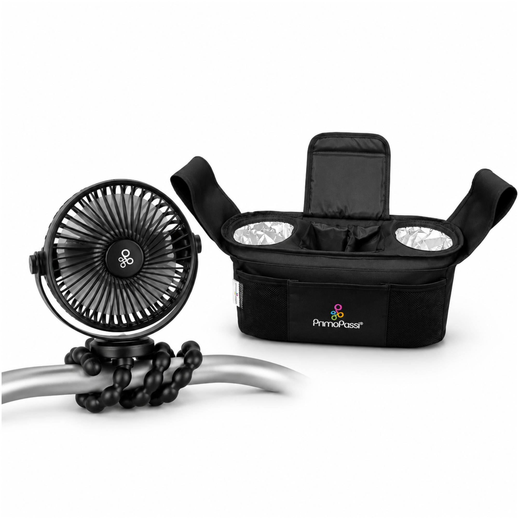 Primo Passi Portable Stroller Fan New, Black + Stroller Handle Organizer (Black)