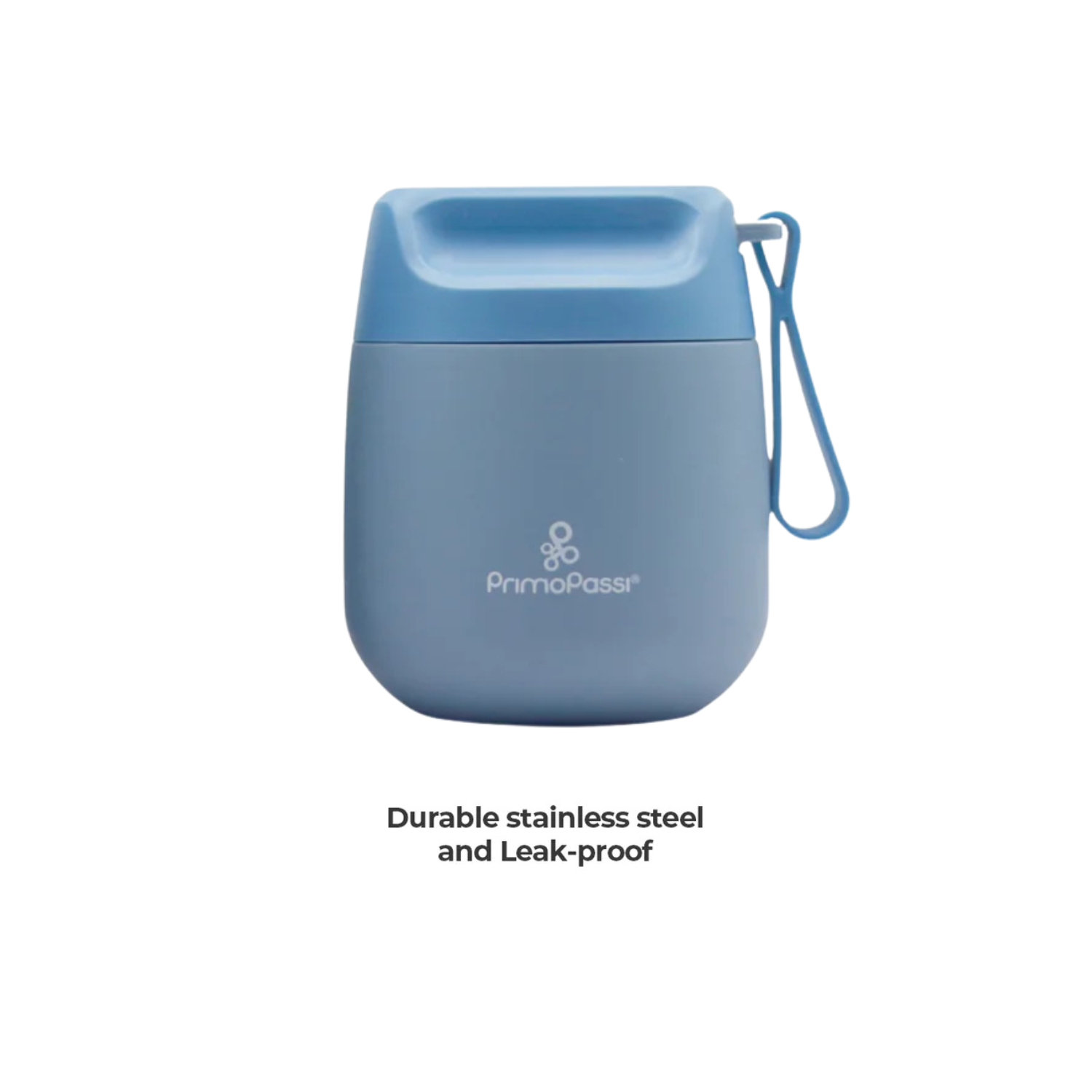 Blue food jar with a strap on a white background with a tex: Durable stainless steel and leak-proof