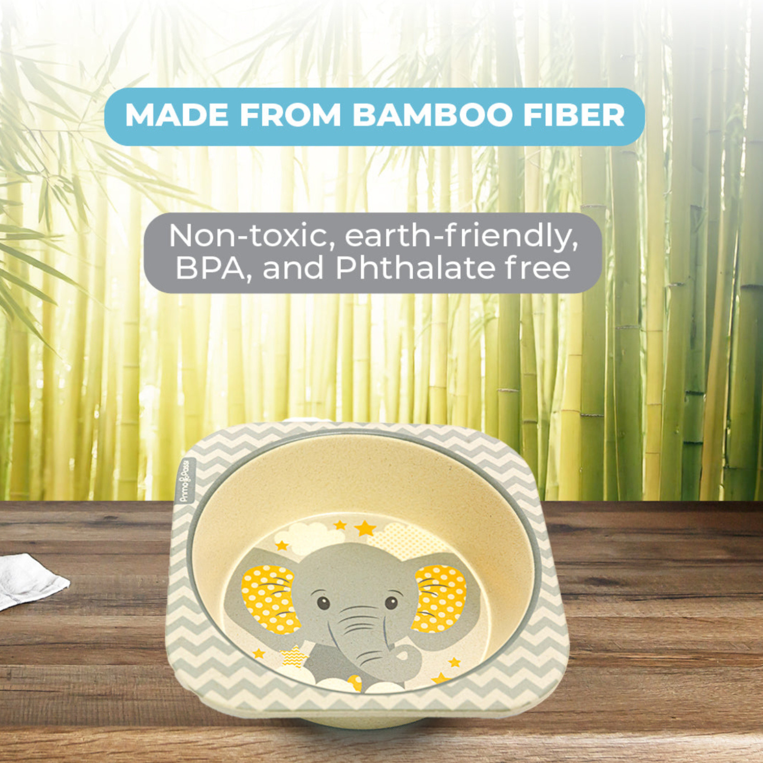 Square bamboo fiber children's bowl featuring a cute gray elephant surrounded by clouds and stars in soft gray and mustard tones. The image highlights that the bowl is made from non-toxic, eco-friendly bamboo fiber and is BPA- and phthalate-free.