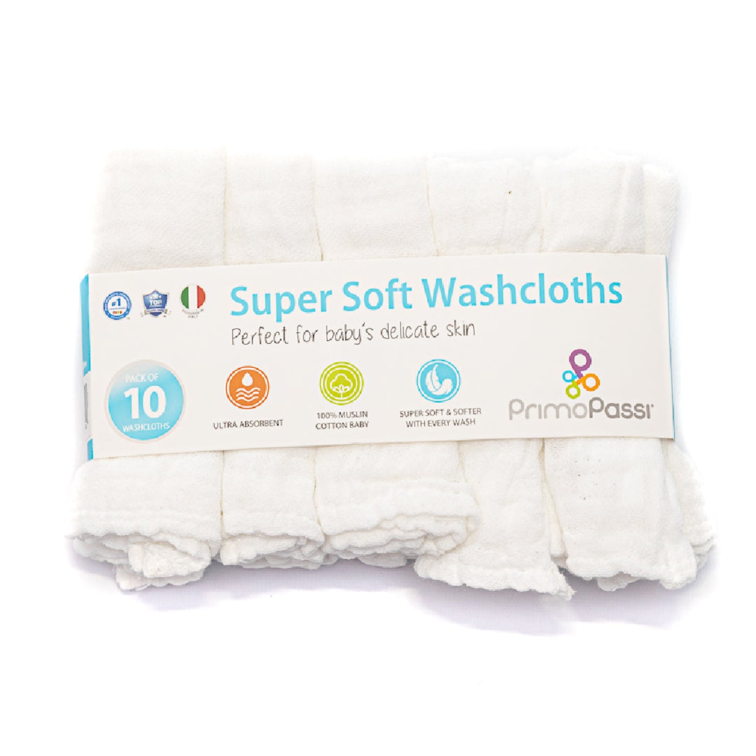 Pack of 10 white muslin cotton baby washcloths by Primo Passi, packaged with a label highlighting ultra-absorbent, 100% muslin cotton, and super-soft fabric that becomes softer with every wash. The product is shown on a white background.