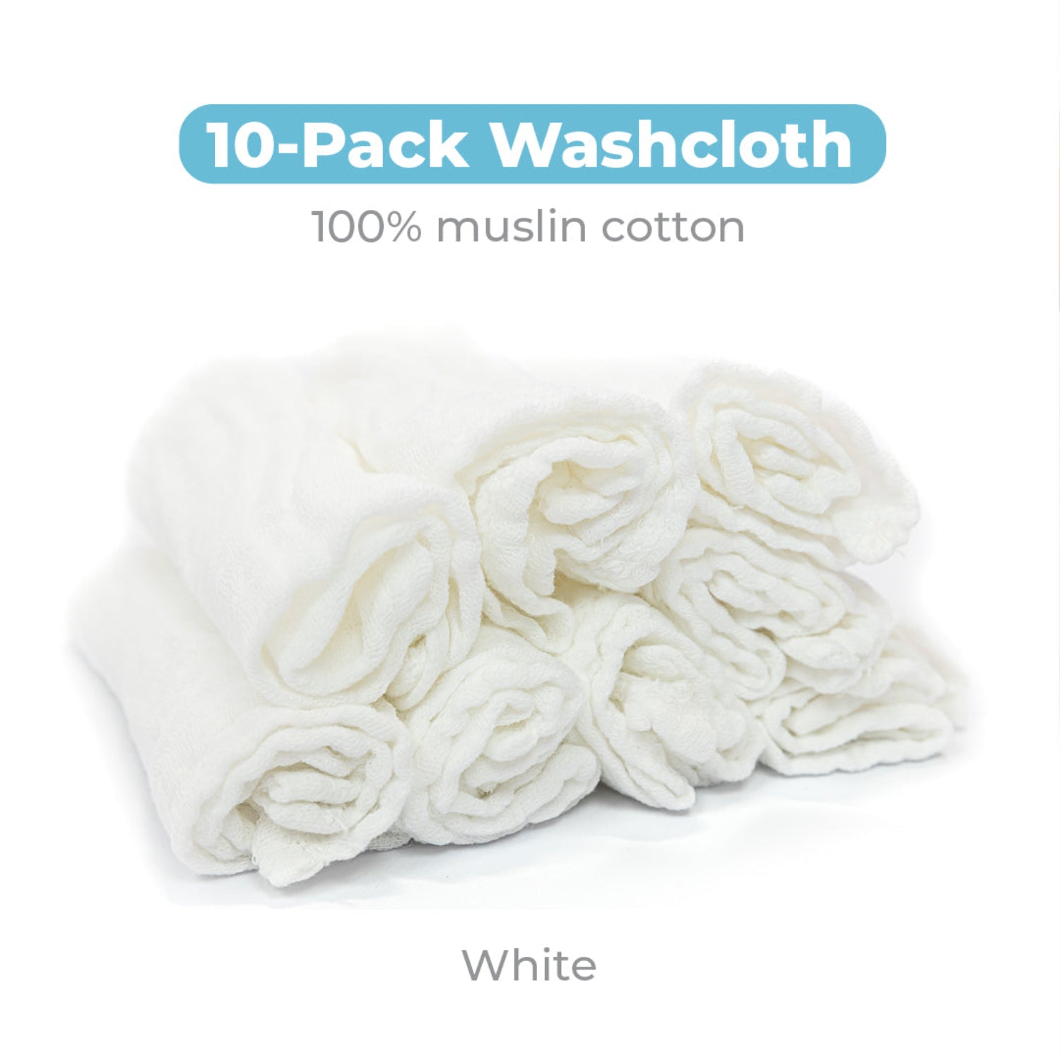 Pack of 10 white muslin cotton baby washcloths by Primo Passi. The product is shown on a white background with the text: 100% muslin cotton