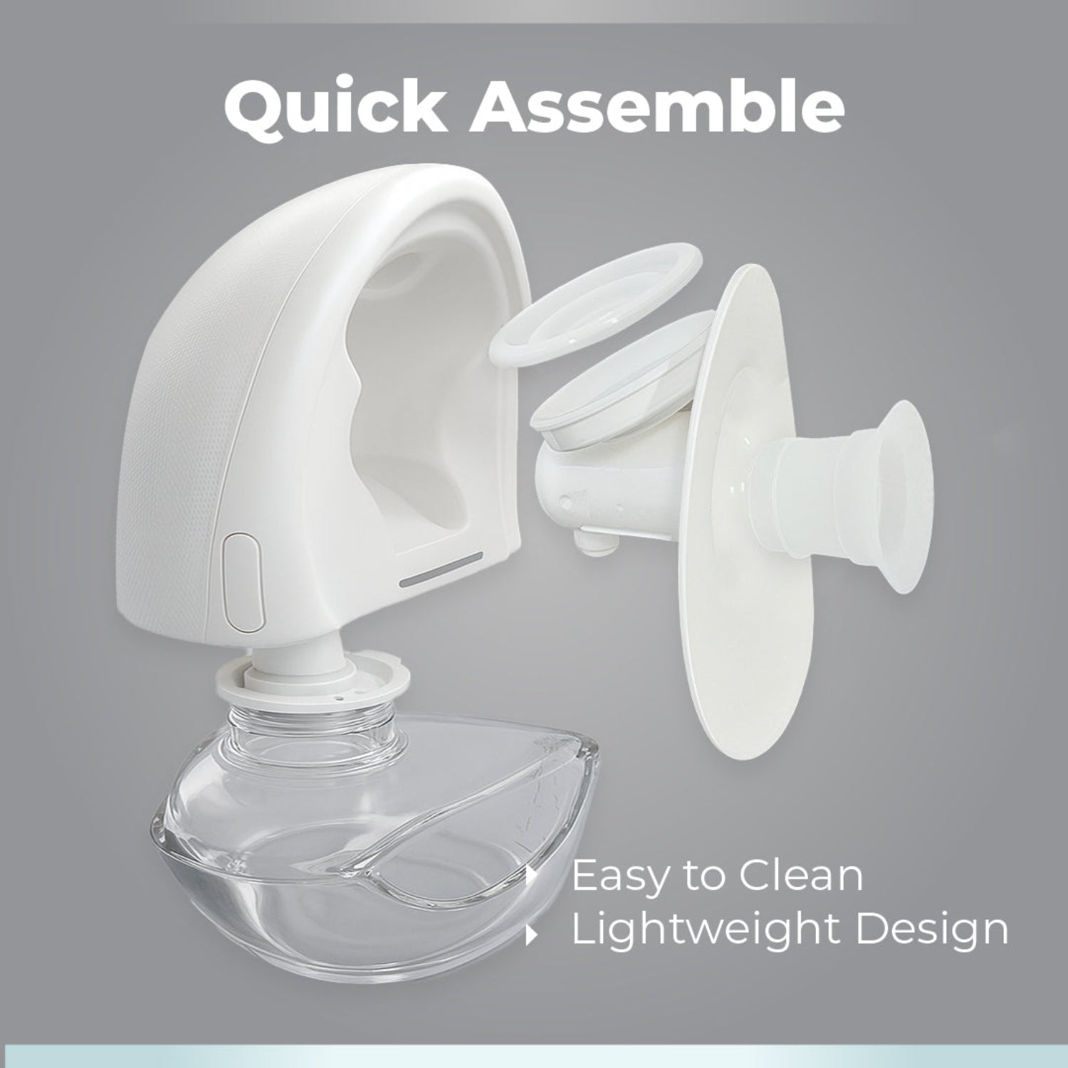 Electric Hands-Free Breast Pump with text highlighting quick assemble, easy to clean, and lightweight design on a gray background.