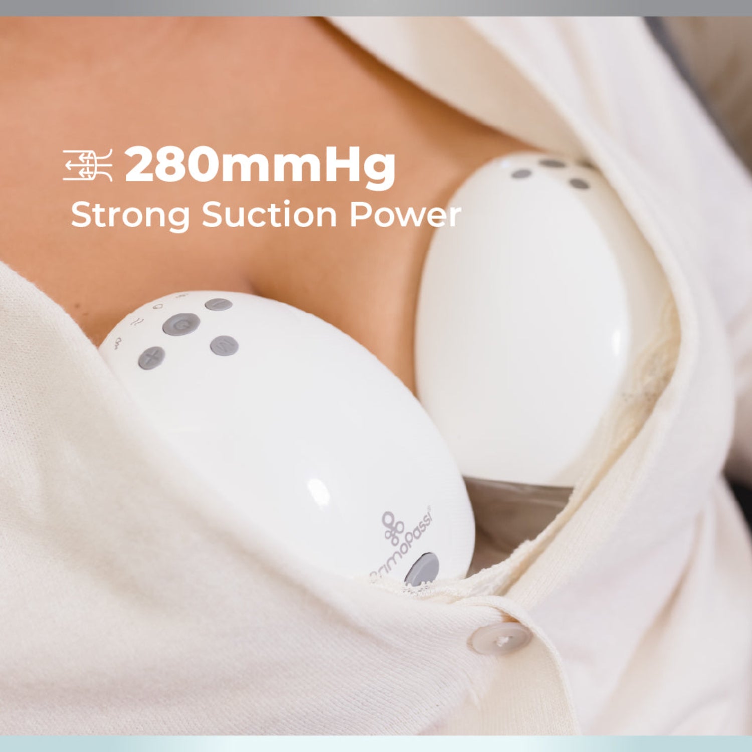 Close-up of a white bra with '280mmHg Strong Suction Power' text on a blurred background