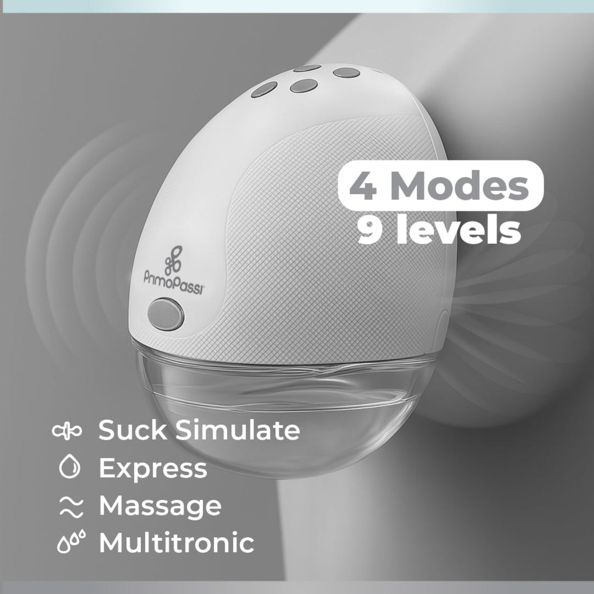 Electric Hands-Free Breast Pump with text indicating modes and levels on a gray background