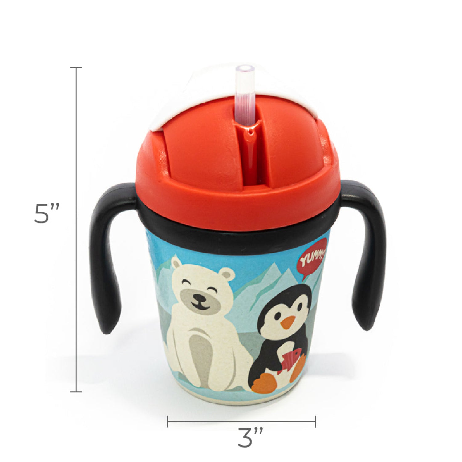 Red toddler training cup with two easy-grip handles, a soft straw, and a playful arctic-themed design featuring a smiling polar bear and penguin against snowy mountains. The spill-resistant cup is shown on a white background with the measures