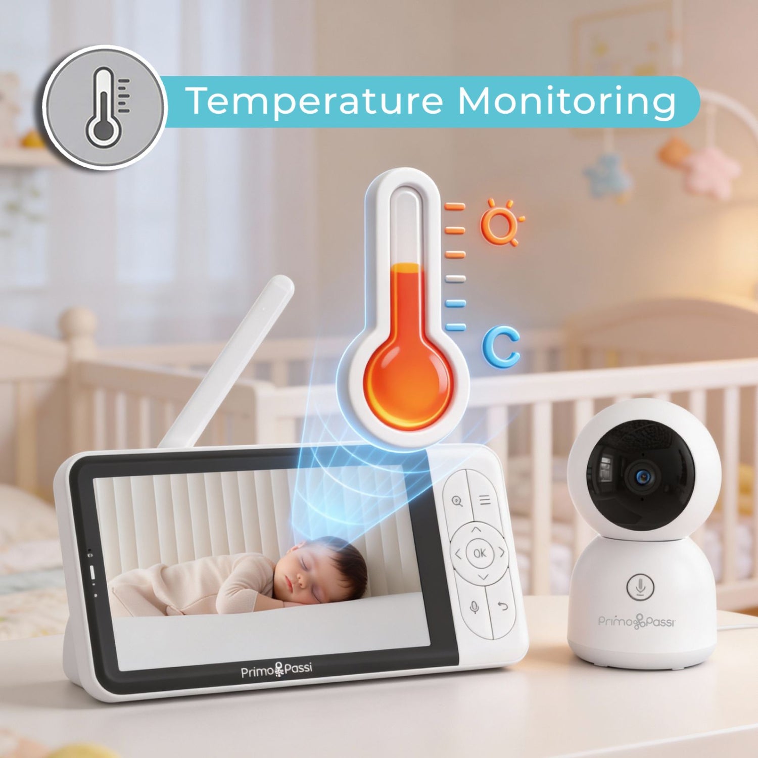 Baby monitor with temperature monitoring feature in a nursery setting