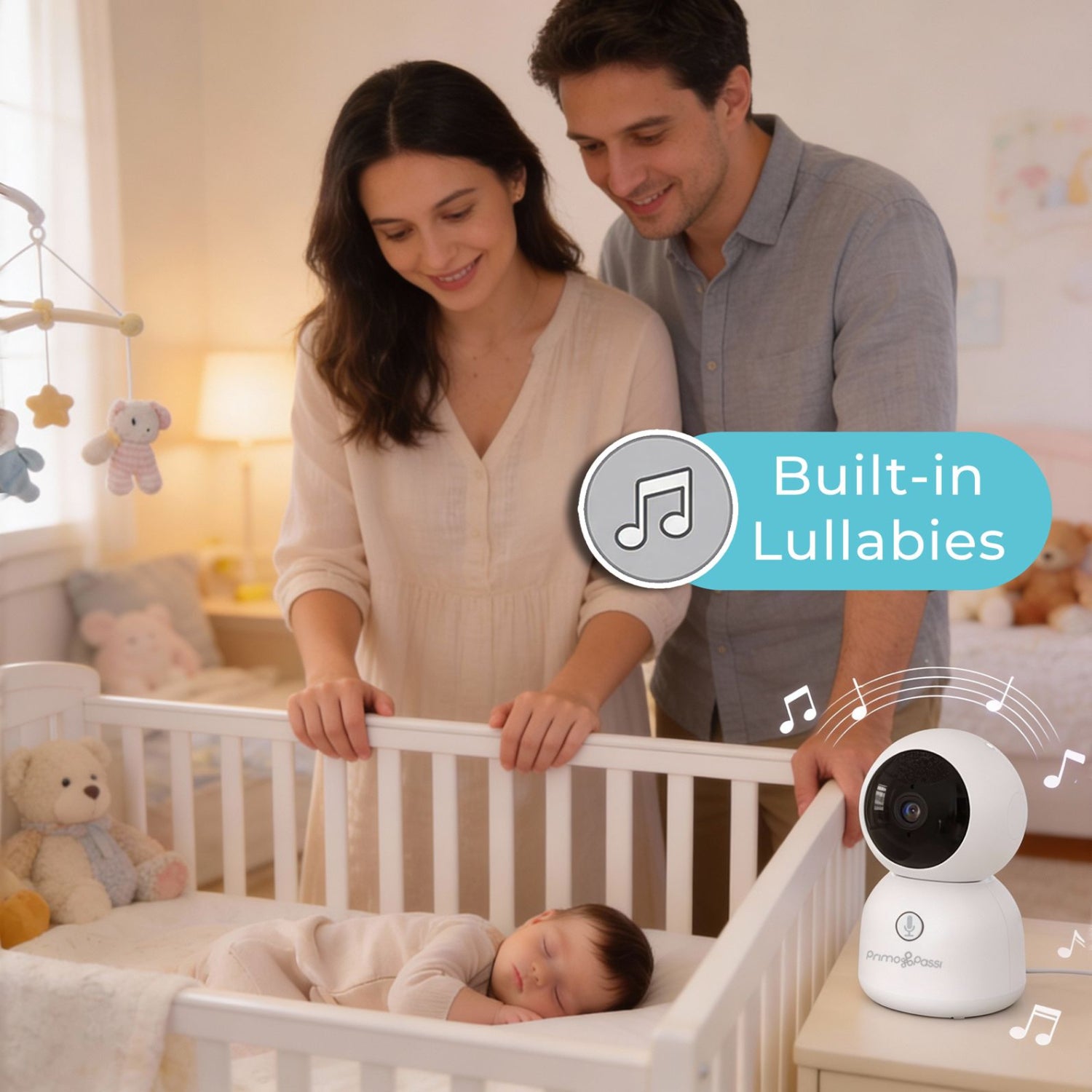 Couple with a baby in a crib next to a baby monitor with built-in lullabies feature.