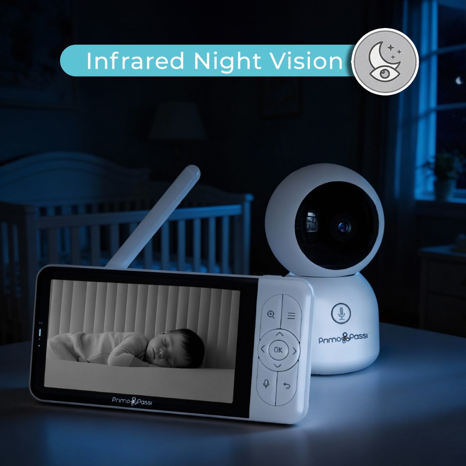 Baby monitor with infrared night vision feature in a dark room.