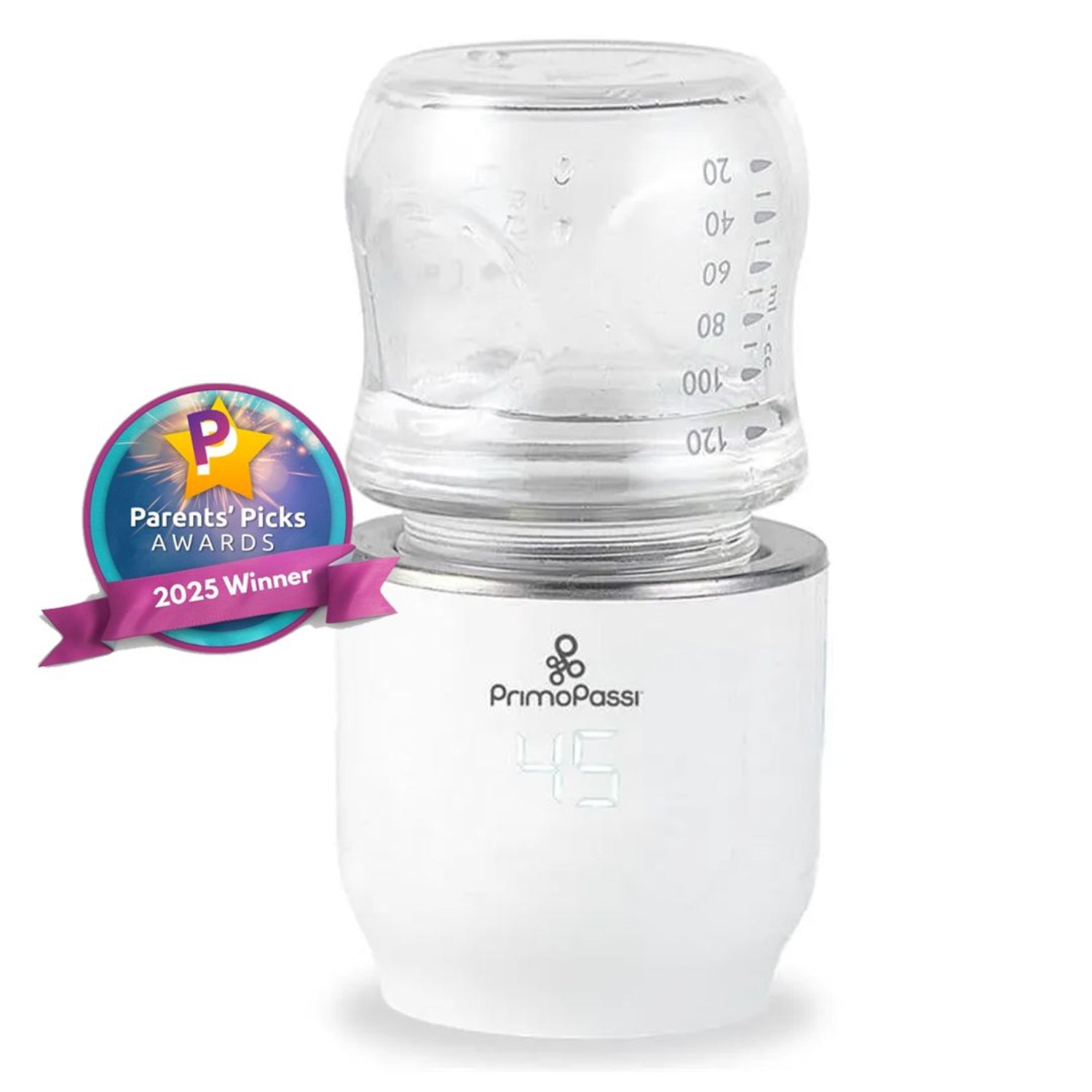 Clear baby bottle with attached to the white portable bottle warmer, featuring a Parents' Picks Award badge.
