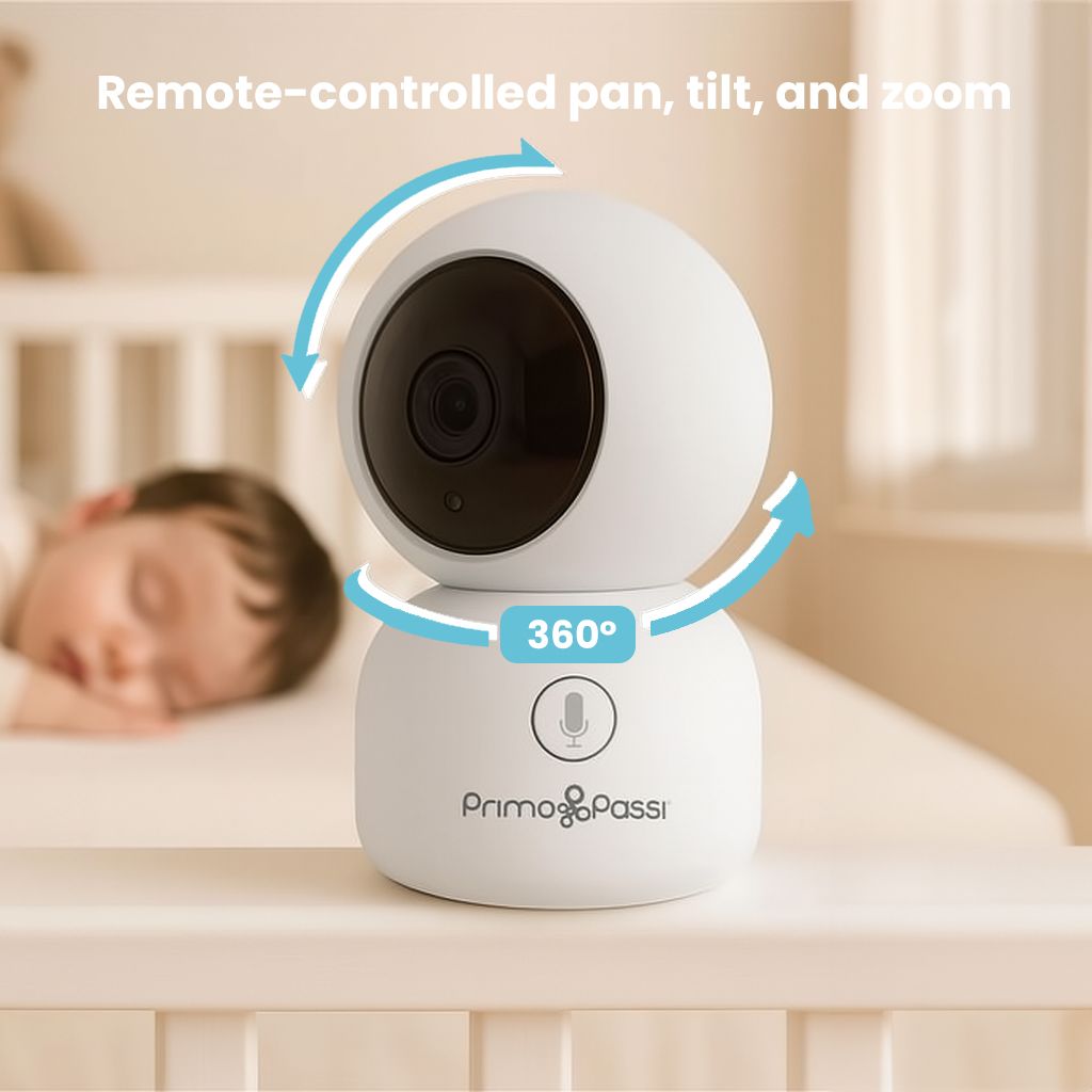 Baby monitor with remote control features on a crib, showing a baby sleeping.