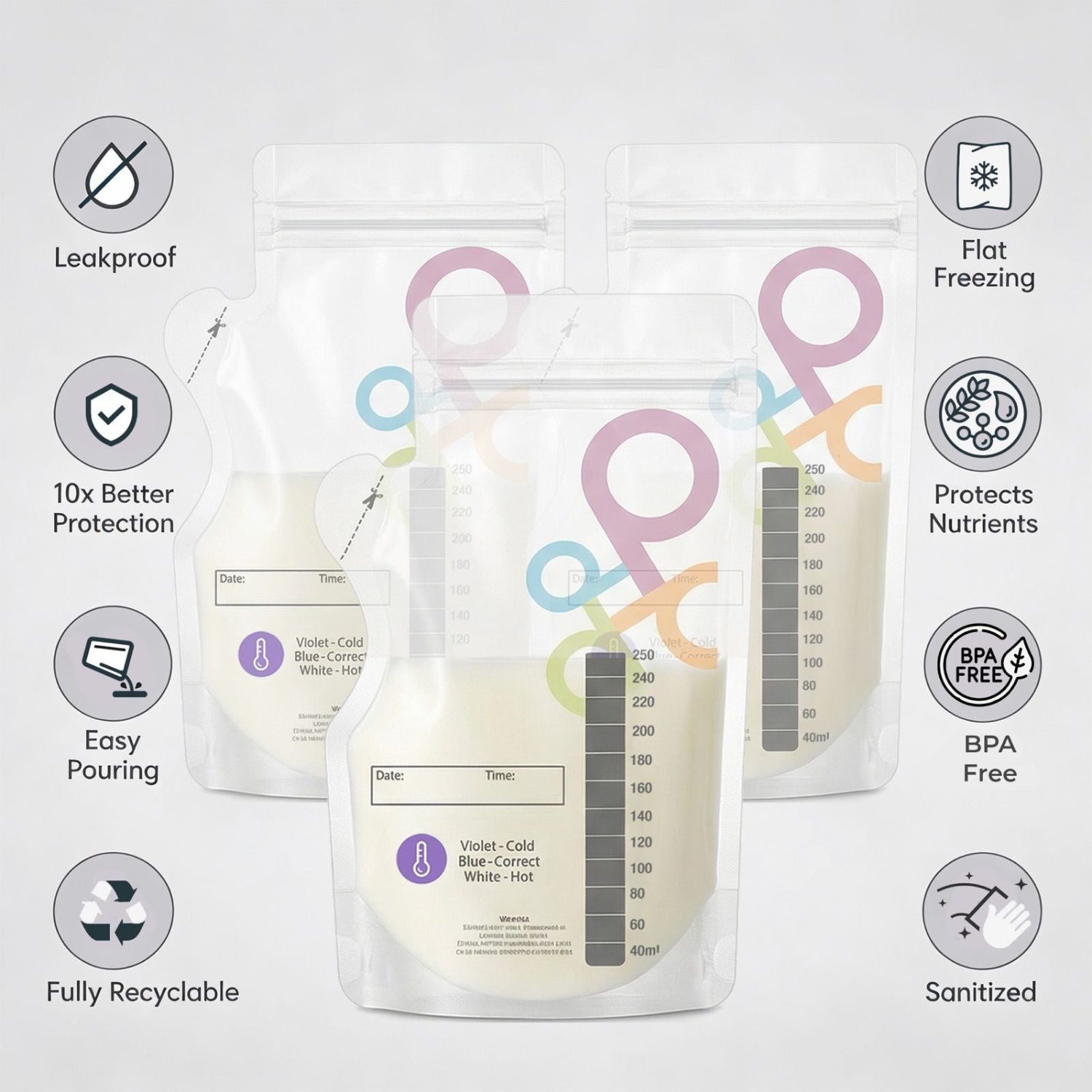 Breast milk storage bags with features listed on a light gray background