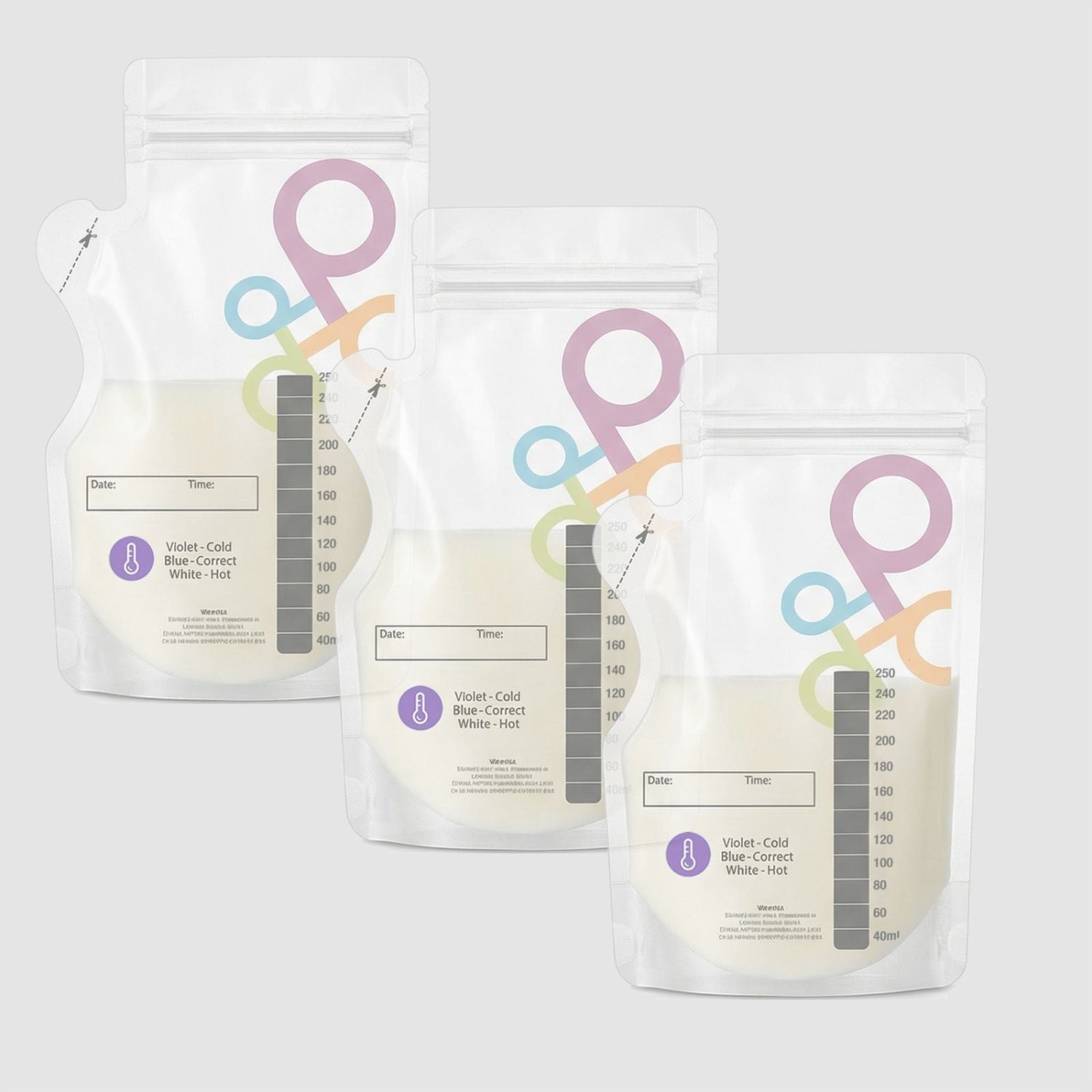 Three breast milk storage bags on a white background