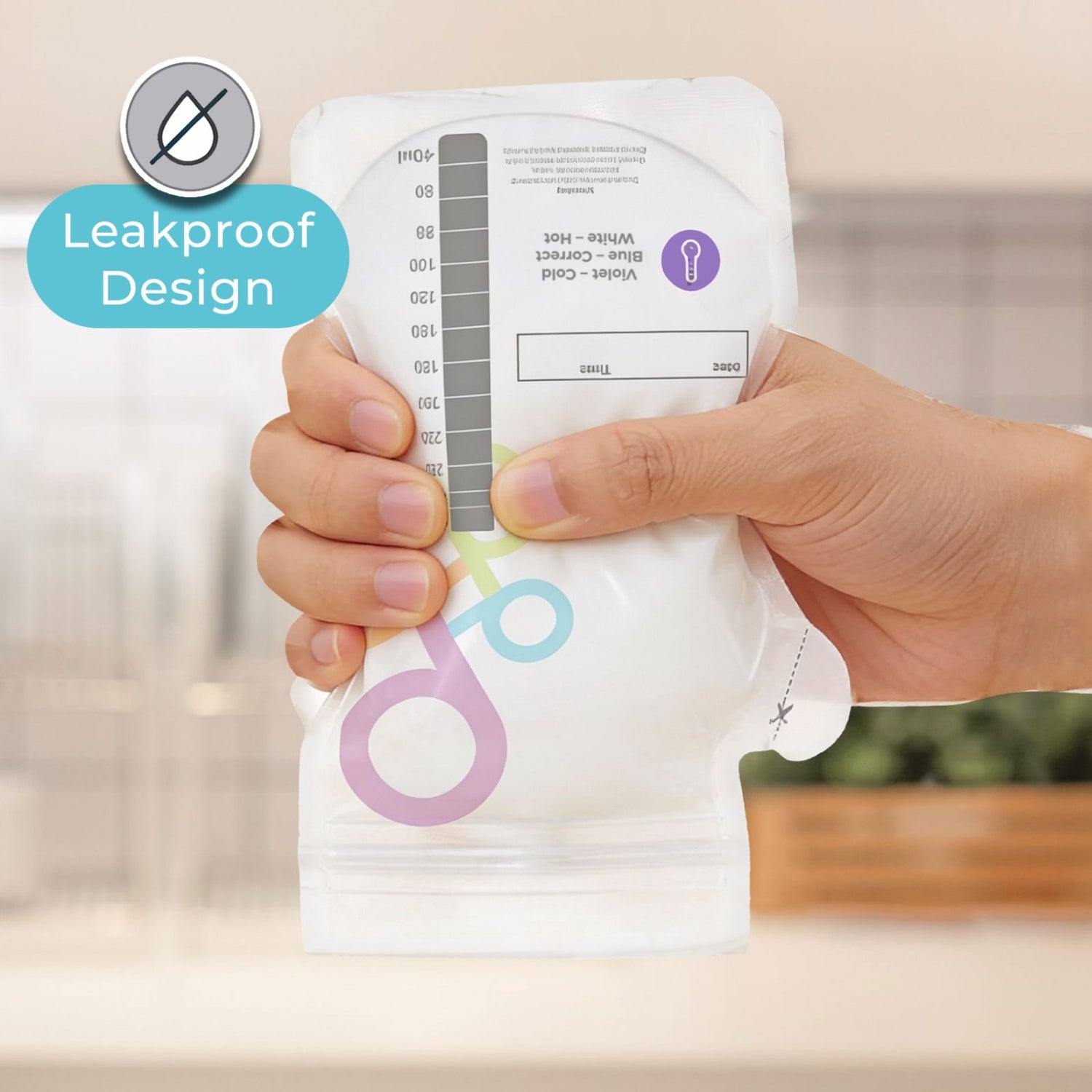 Hand holding a breast milk storage bag upside down with a leakproof design label.