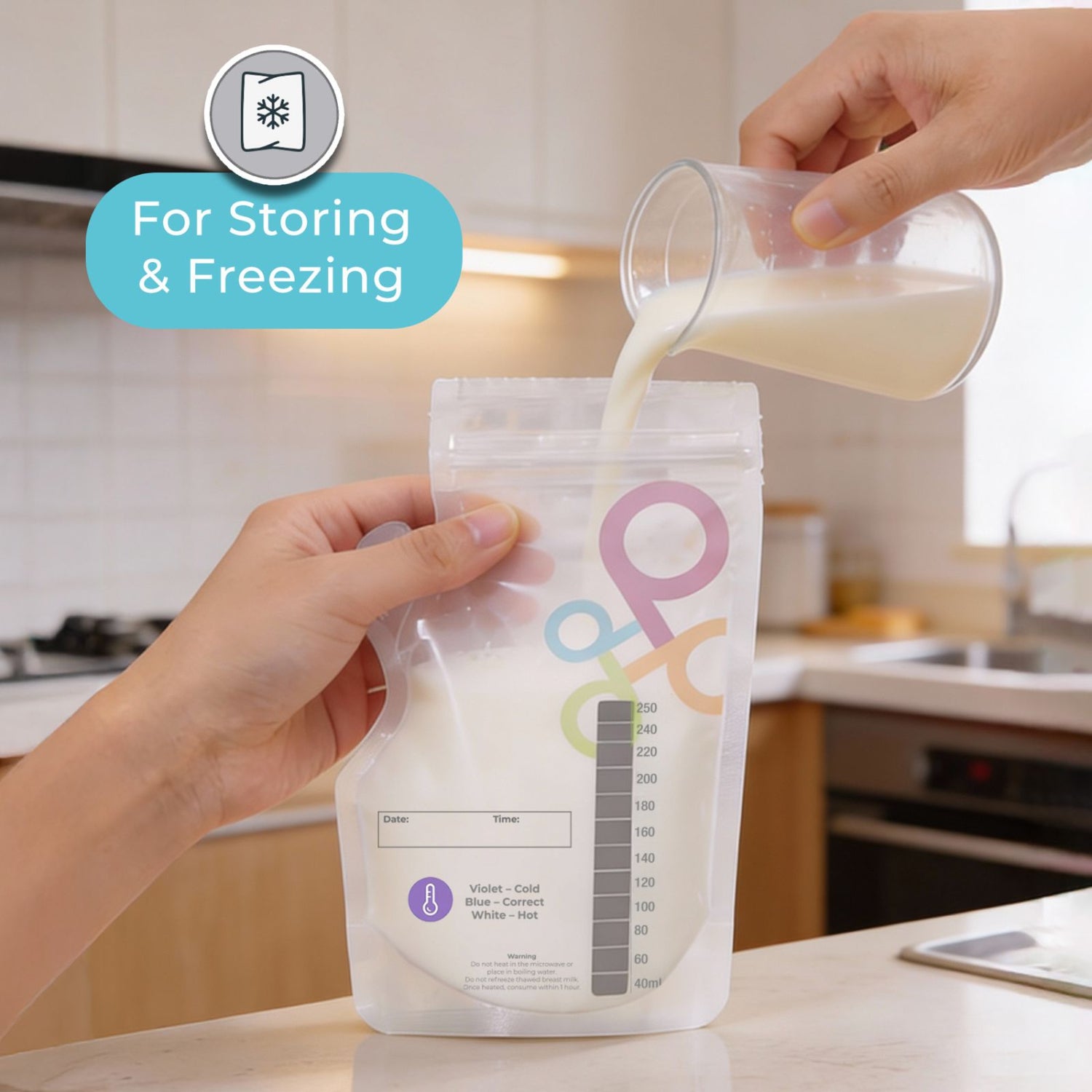 Person pouring milk into a storage bag with a kitchen background