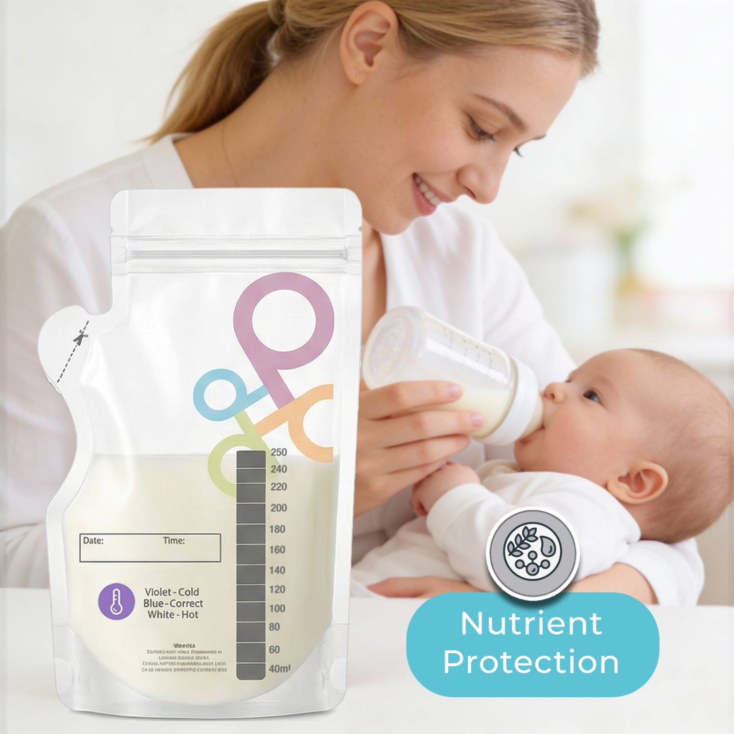 Woman feeding a baby with a bottle and a package labeled 'Nutrient Protection' in the foreground.