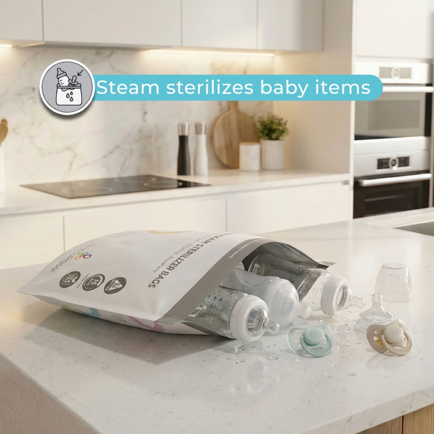 Steam sterilizer bag with baby items on a kitchen counter, emphasizing steam sterilization.