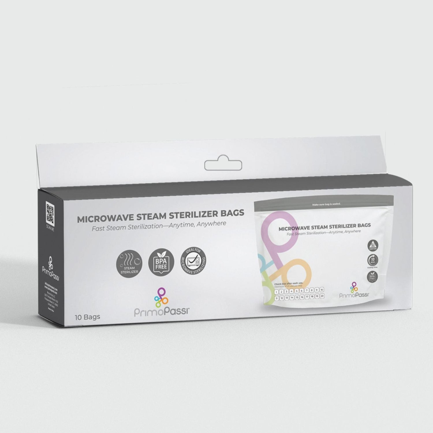 Box of Microwave Steam Sterilizer Bags with branding on a white background