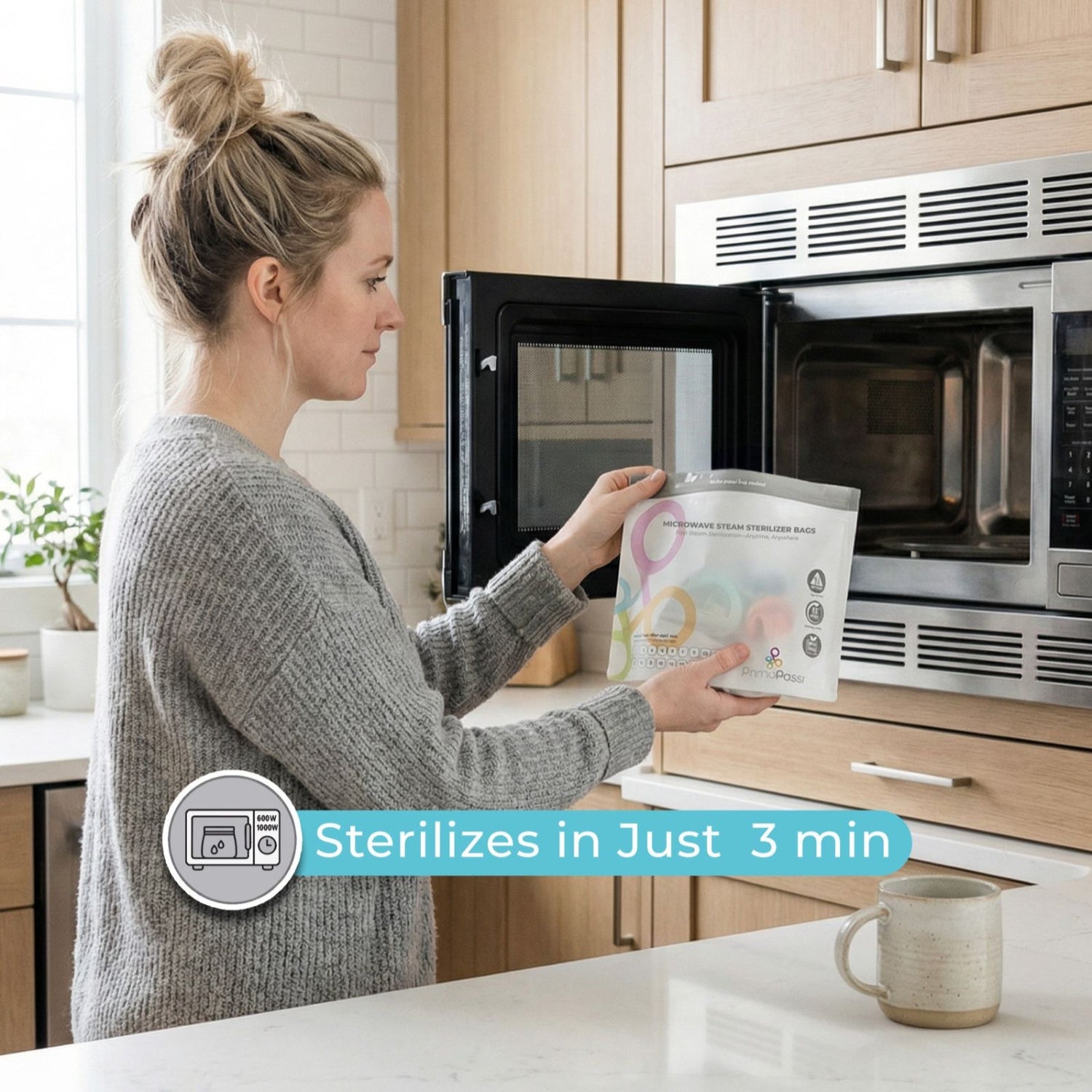 Woman using a microwave to sterilize items, with text indicating 3-minute sterilization time