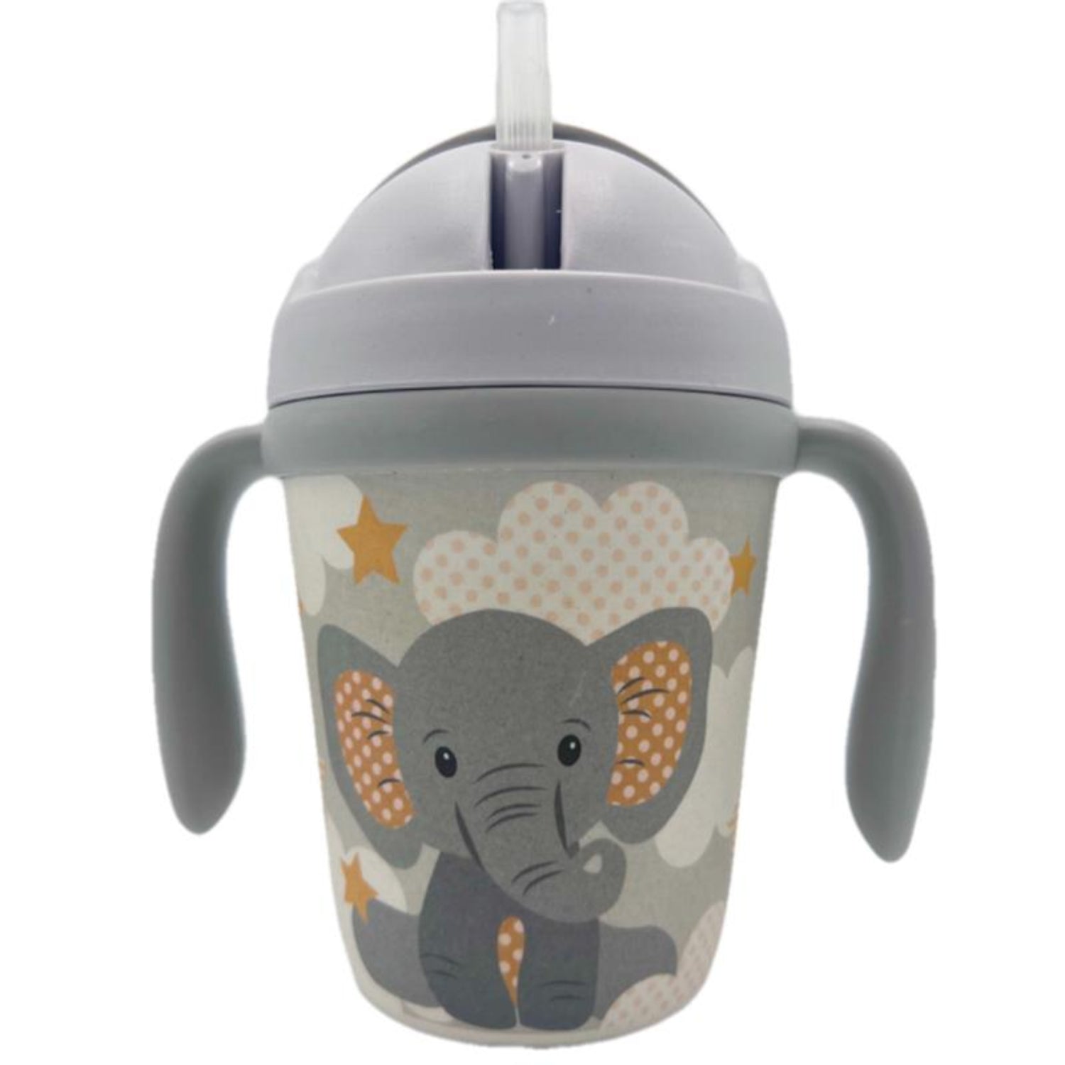 Gray toddler training cup with two easy-grip handles, a soft straw, and a cute elephant illustration surrounded by clouds and stars on a light background. The spill-resistant cup is shown on a white background.