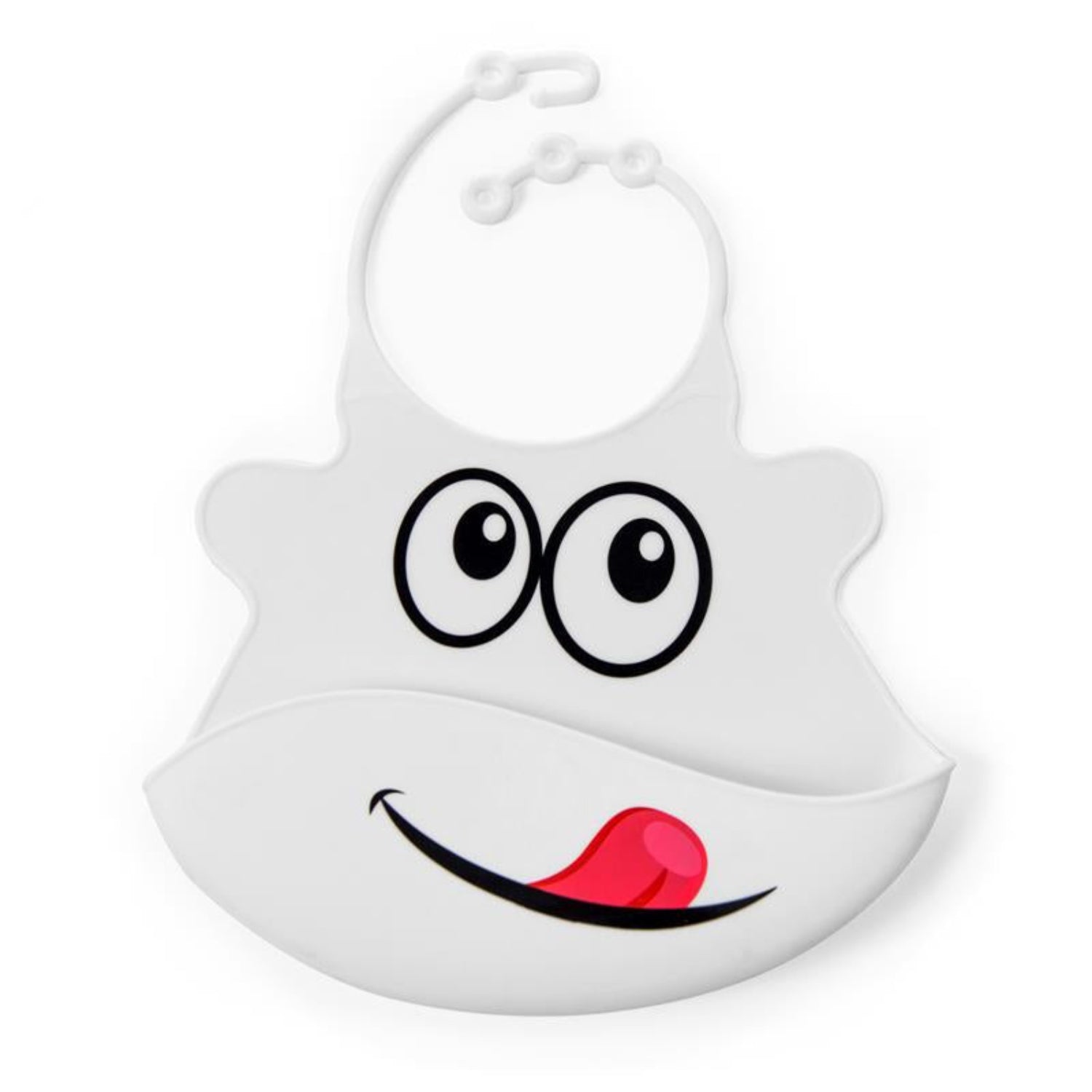 A white silicone bib with a character design resembling a smiling face with eyes and a mouth, designed for babies.