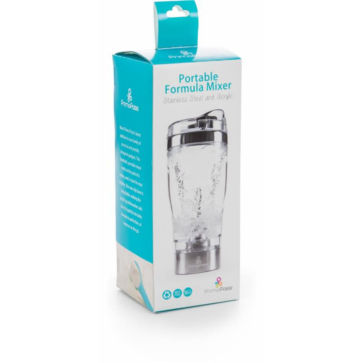 Primo Passi Portable Formula Mixer retail packaging featuring the rechargeable 16 fl oz mixer bottle with a stainless steel base and clear blending cup. The compact package highlights the portable design, making it easy to prepare smooth, lump-free baby formula at home or on the go.