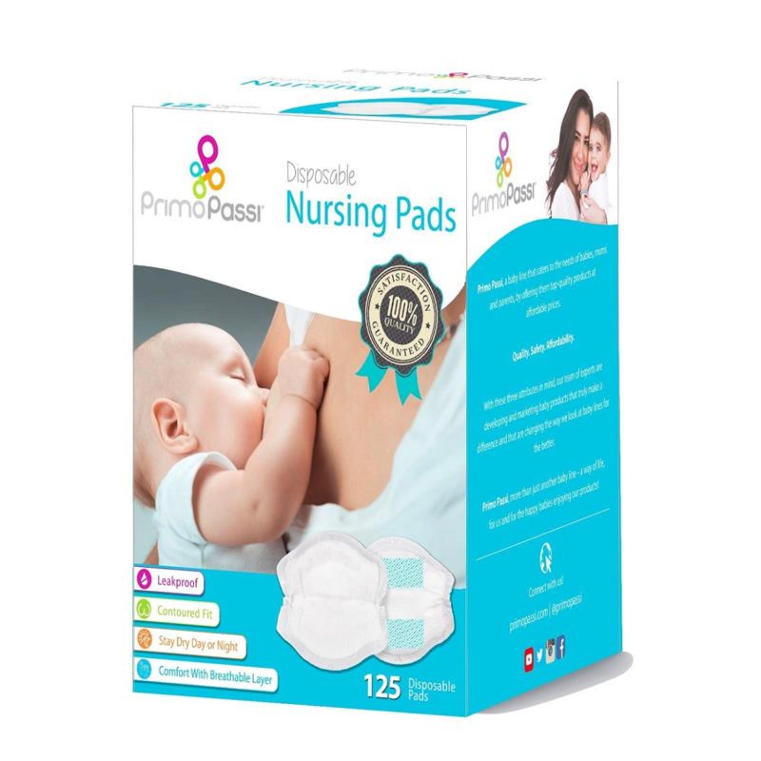 Primo Passi Disposable Nursing Pads, 125-count box featuring ultra-absorbent, leakproof breast pads designed for breastfeeding moms. Contoured for a comfortable fit with a breathable layer to help keep skin dry day and night while providing discreet protection against leaks.