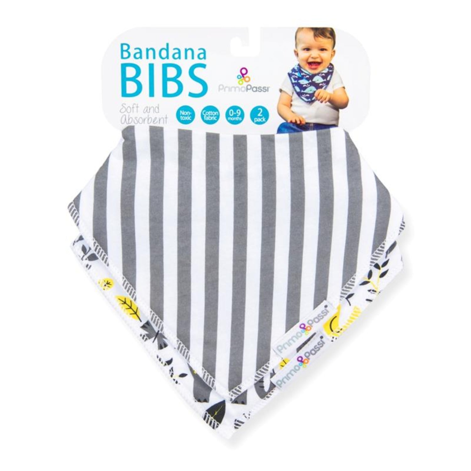 Primo Passi 2-Pack Bandana Bibs in gray striped and patterned cotton fabric, designed for babies 0–9 months. Soft, absorbent, non-toxic bibs with adjustable snap closures help keep clothing clean and dry during feeding and teething.
