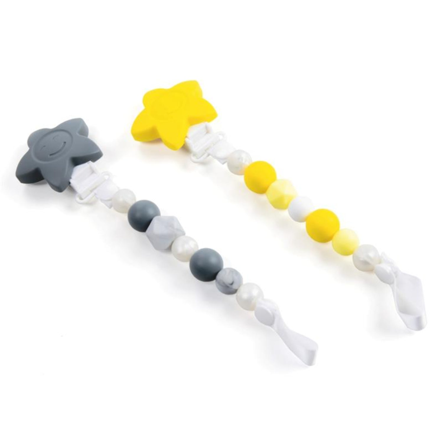 Two Primo Passi silicone pacifier clips displayed on a white background, featuring star-shaped clips and soft silicone beads in gray, white, and marble tones on one design, and bright yellow and white tones on the other. Designed to keep pacifiers clean, secure, and within easy reach, the clips are made from baby-safe, BPA-free silicone with a durable, easy-to-attach clasp.