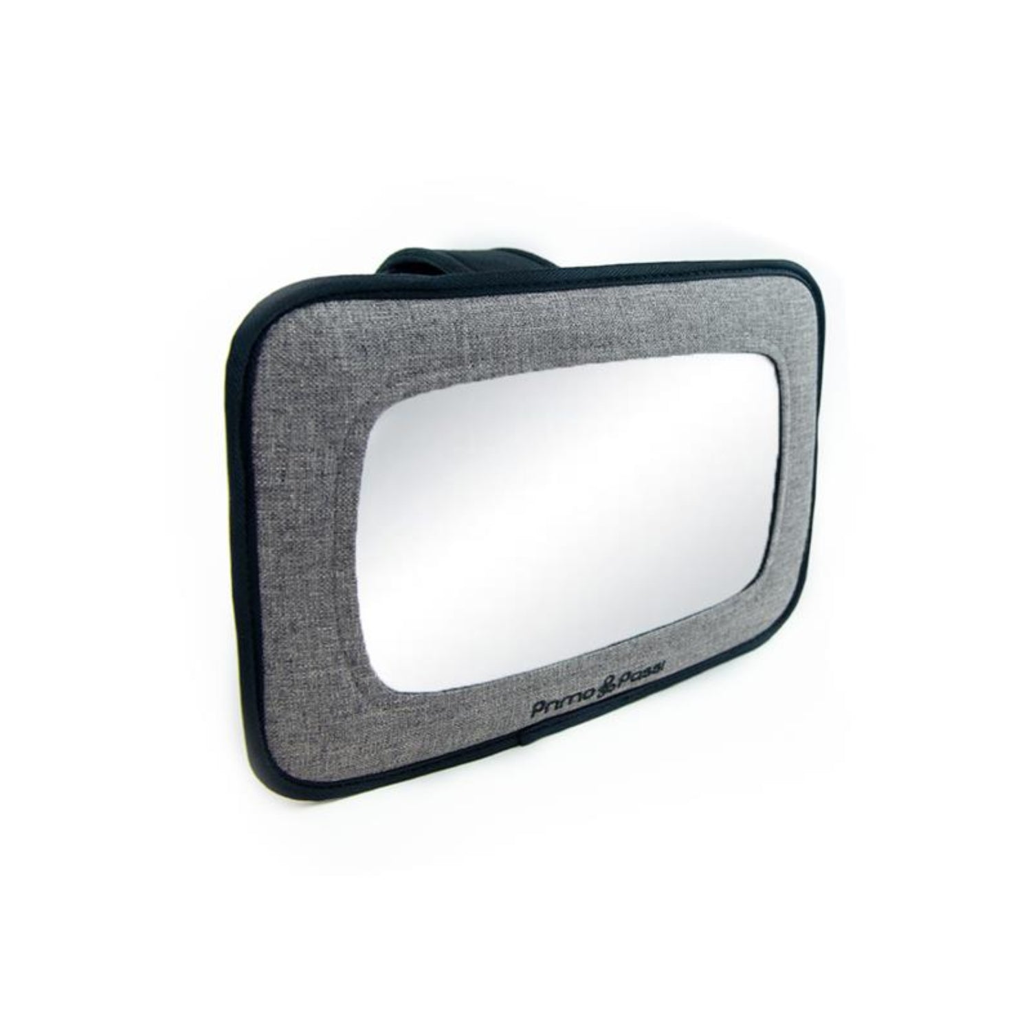 Primo Passi gray backseat baby mirror with a large rectangular reflective surface displayed on a white background. The mirror features a soft fabric frame with black trim and a sleek, modern design, making it easy for parents to keep an eye on their rear-facing baby while driving.