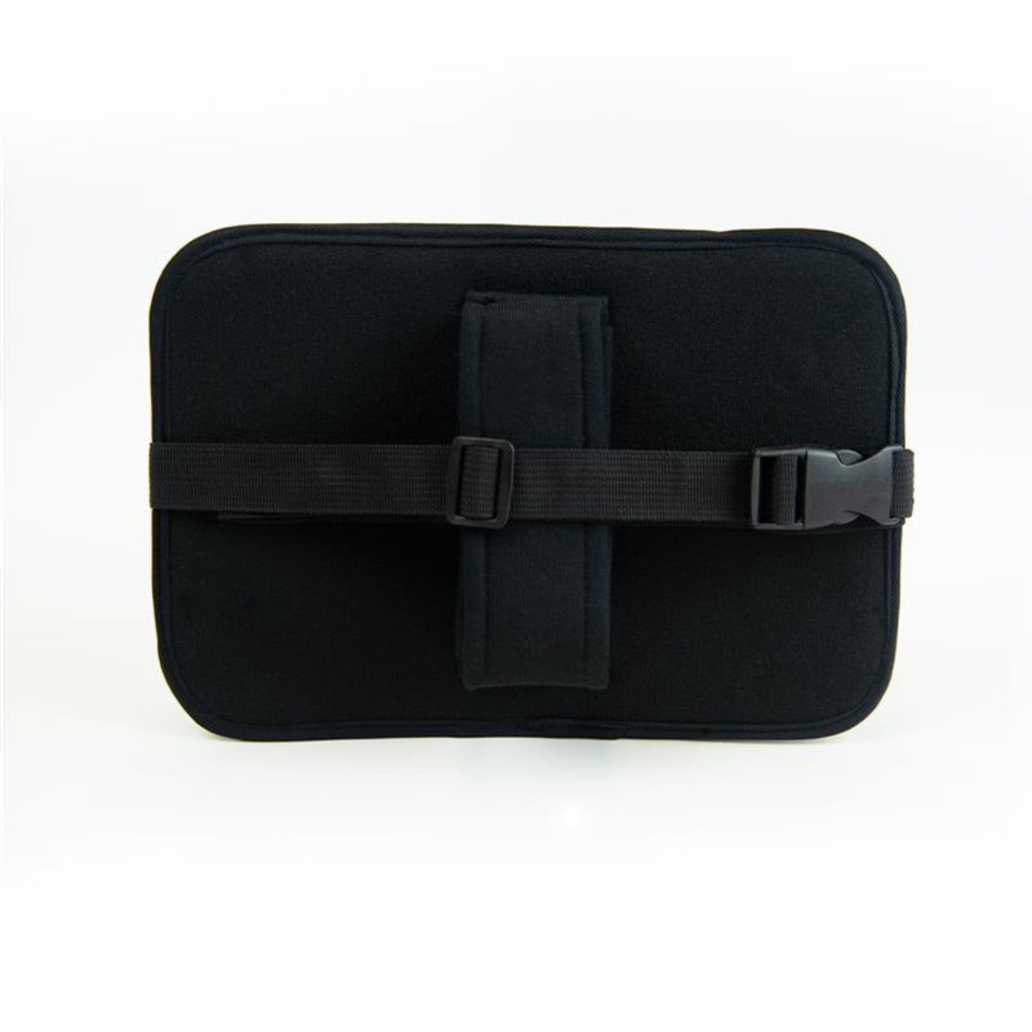 Back view of the Primo Passi backseat baby mirror displayed on a white background. The image shows the black padded backing with adjustable horizontal and vertical mounting straps and a secure buckle system designed for easy attachment to a vehicle's rear headrest.