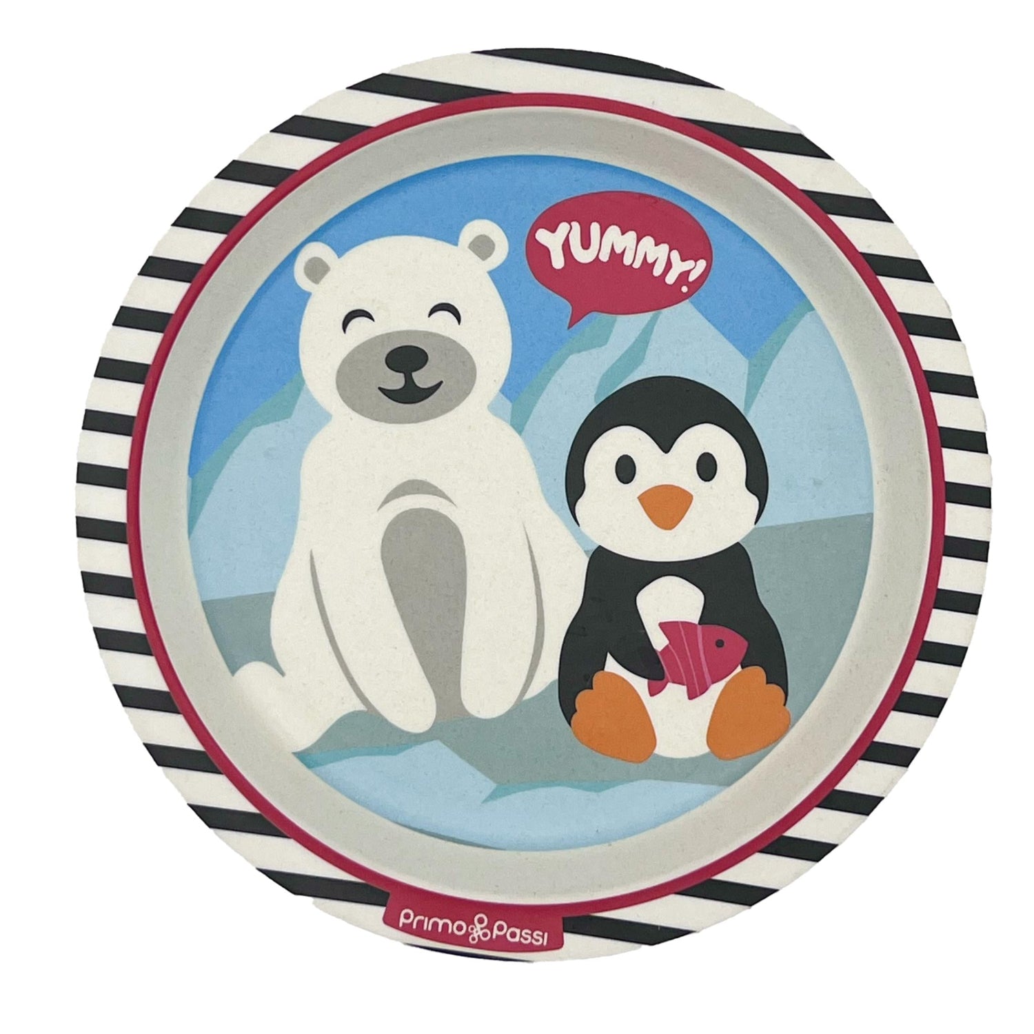 Round children's plate featuring a playful arctic-themed design with a smiling polar bear and a penguin holding a fish against snowy mountains. The plate has a black-and-white striped rim with red accents and is shown on a white background.