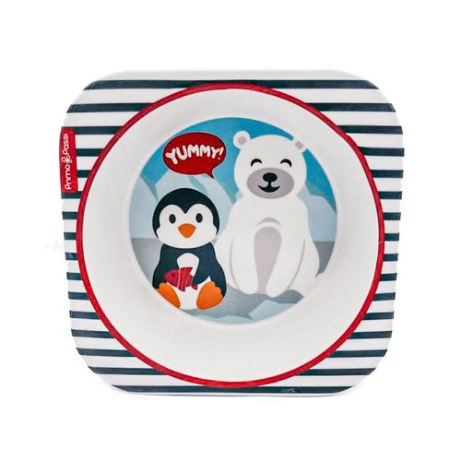 Square children's bowl featuring a playful arctic-themed design with a smiling polar bear and a penguin holding a fish against snowy mountains. The bowl has black-and-white striped sides with red accents and is shown on a white background.