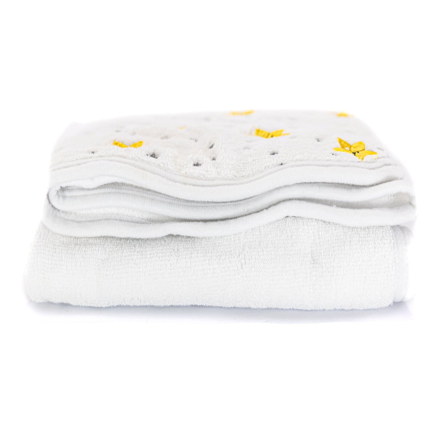 Folded white hooded baby towel with embroidered yellow stars, showcasing its soft, plush, and highly absorbent fabric. Designed to keep babies warm, cozy, and dry after every bath.
