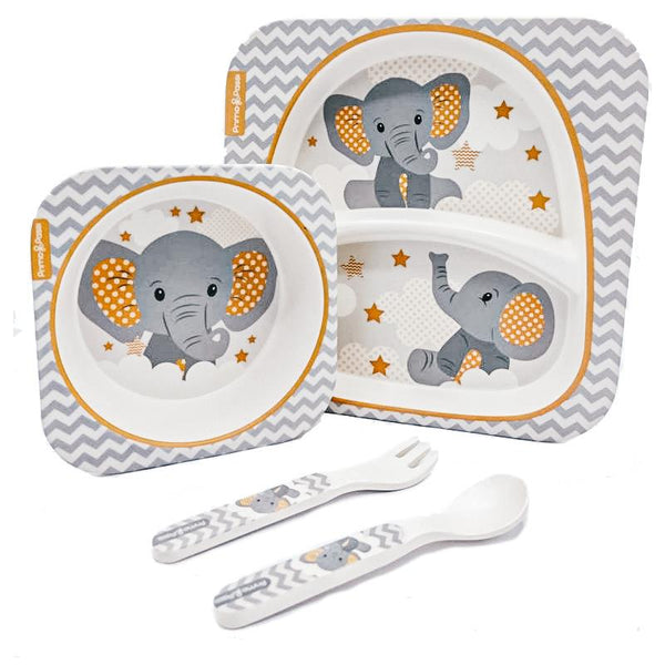 Primo Passi - Bamboo Fiber Kids Combo - Divided Square Plate, Square Bowl And Fork&Spoon - Little Elephant