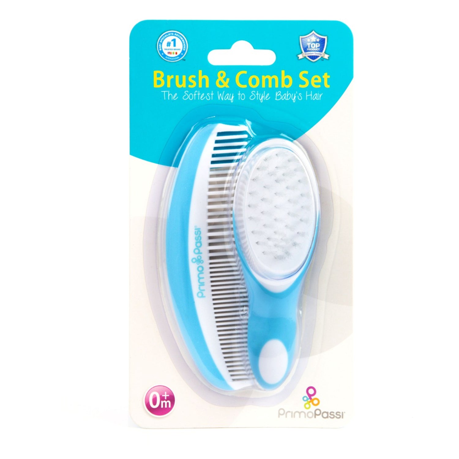 Primo Passi baby hair brush and comb set in light blue and white, packaged in a clear blister pack with a blue header card.