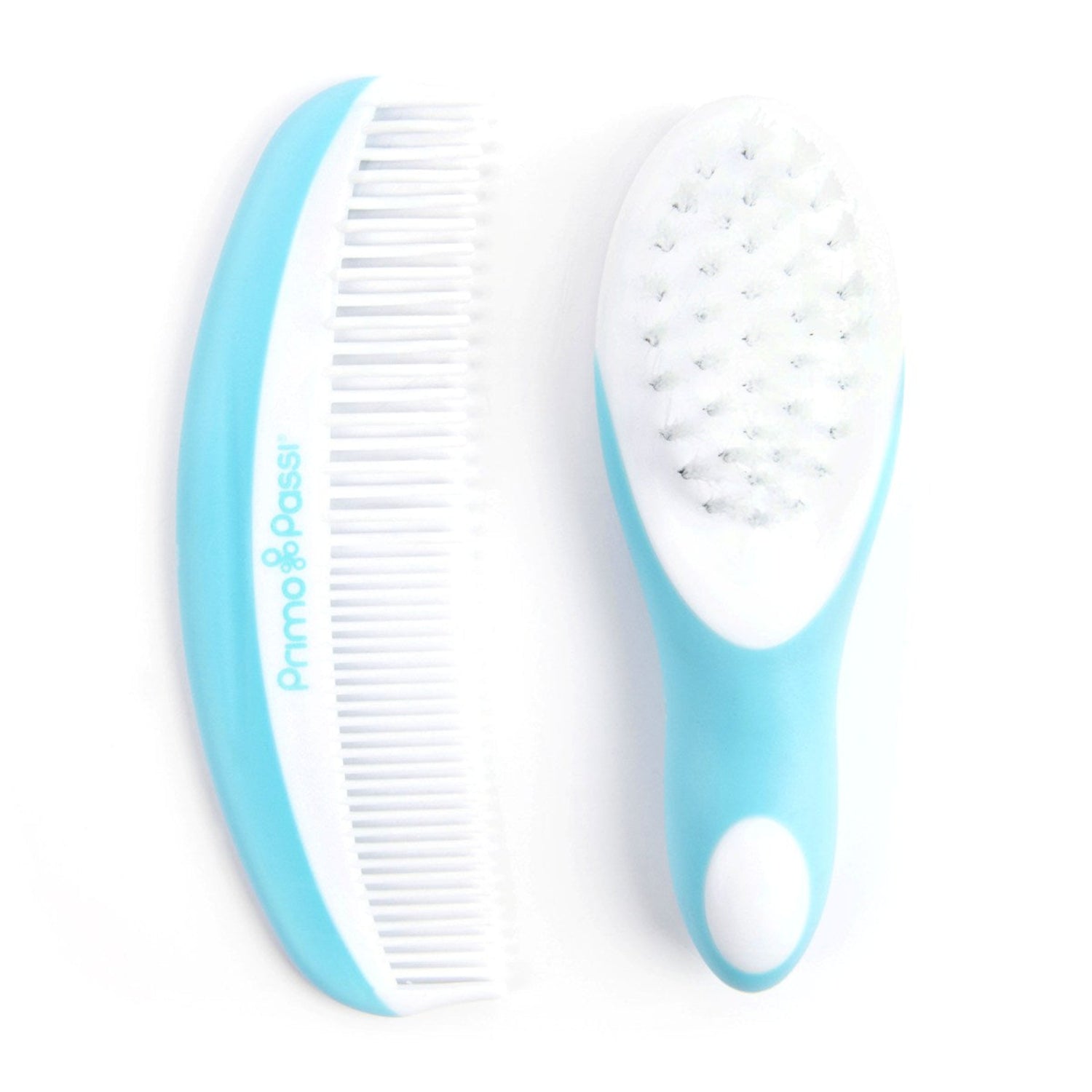 Primo Passi baby brush and comb set in blue and white displayed on a white background. The set includes a soft-bristle baby hairbrush with a comfortable ergonomic handle and a matching fine-tooth comb designed for gently grooming a baby's delicate hair and scalp.