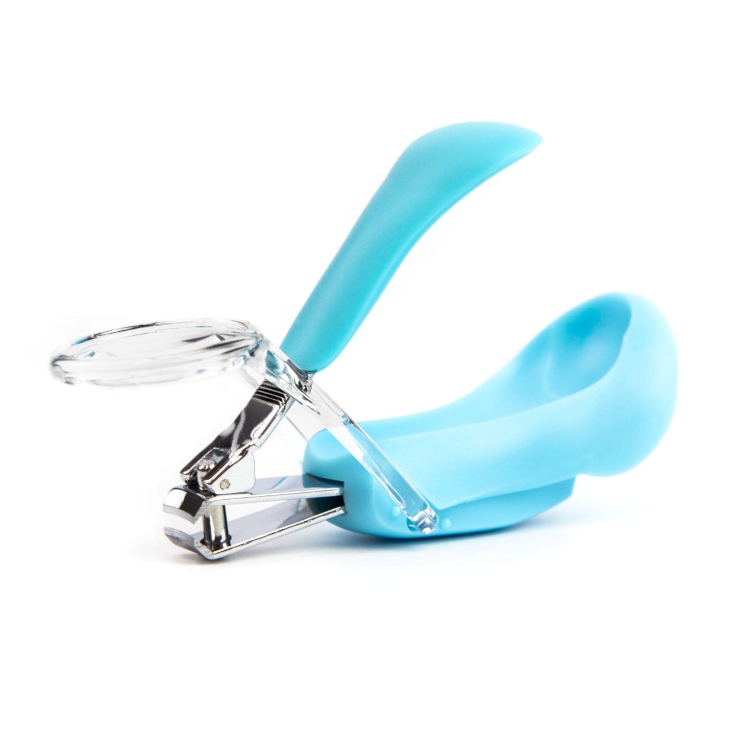 Primo Passi blue baby nail clipper with an ergonomic soft-grip handle and built-in 5x magnifying lens displayed open on a white background. The side view highlights the stainless steel clipper, protective magnifier, and child-friendly design for safe and precise nail trimming.
