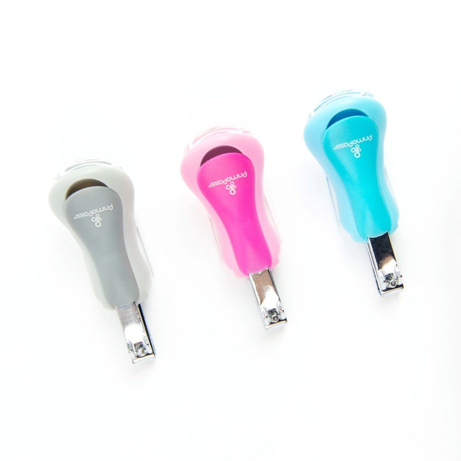Three nail clippers in gray, pink, and blue on a white background