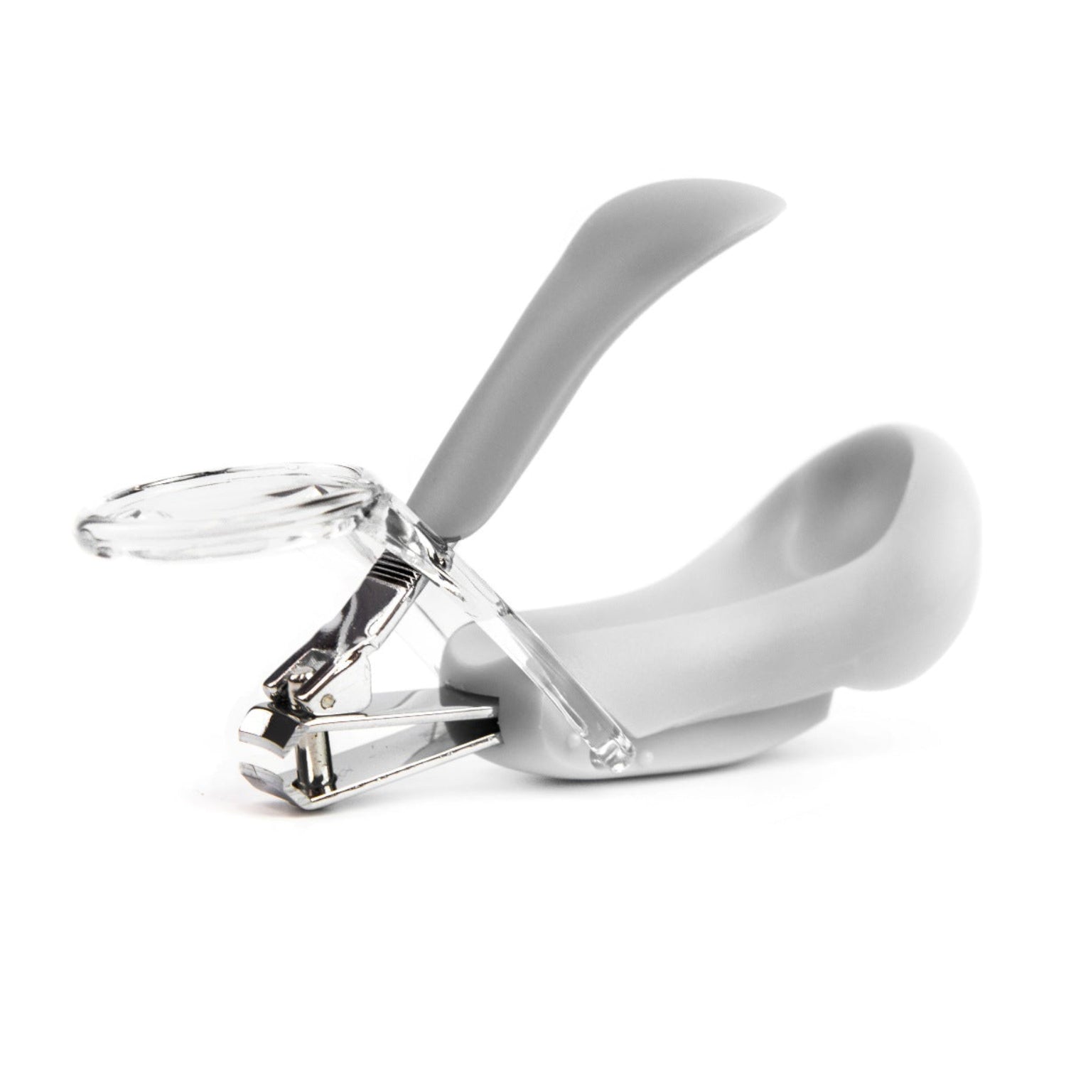 Clear nail clipper with gray handle on a white background