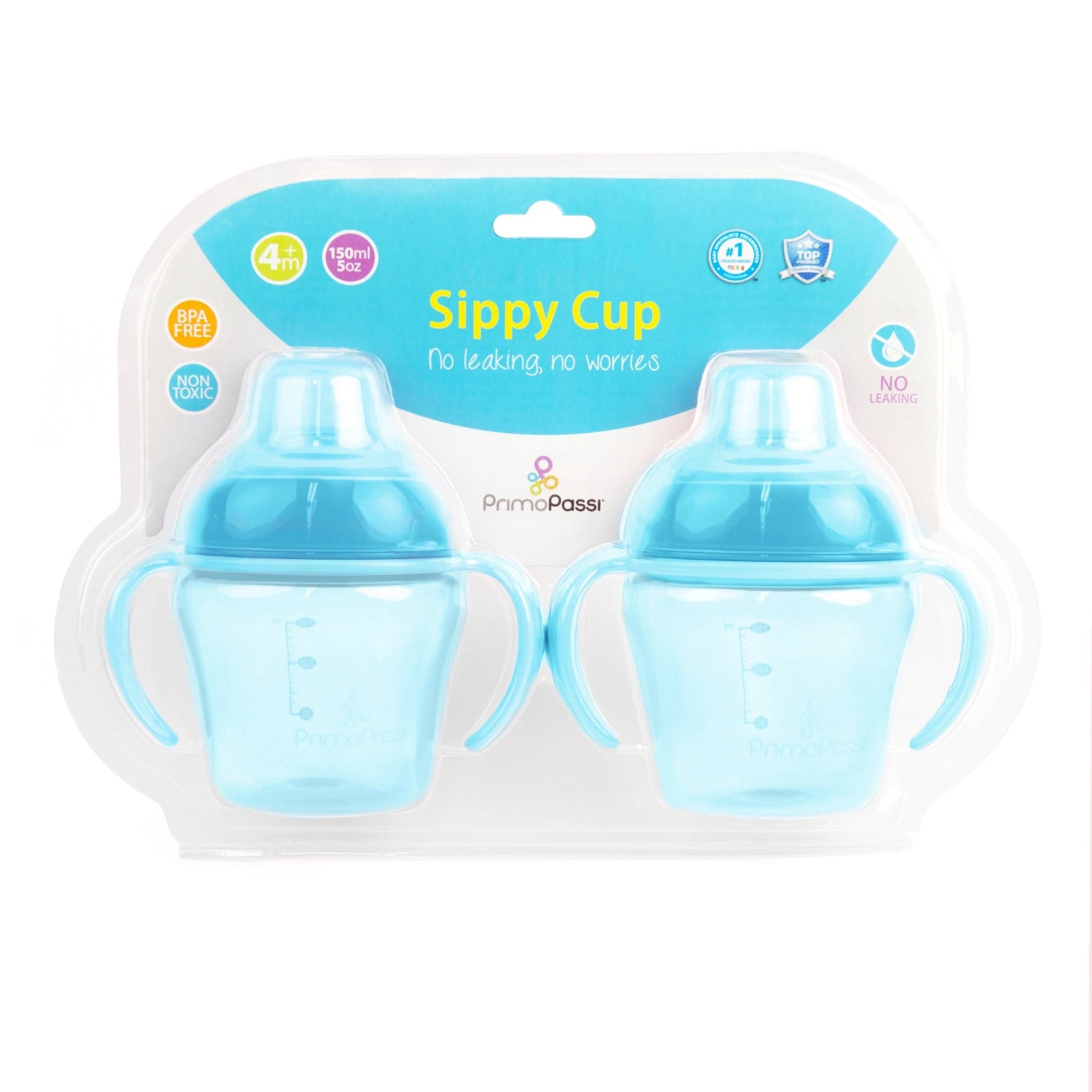 Primo Passi 2-Pack Blue Sippy Cups in retail packaging, featuring two 5 oz (150 ml) spill-resistant cups with soft silicone spouts, easy-grip handles, BPA-free, non-toxic materials, and leak-proof design for babies 4 months and older.