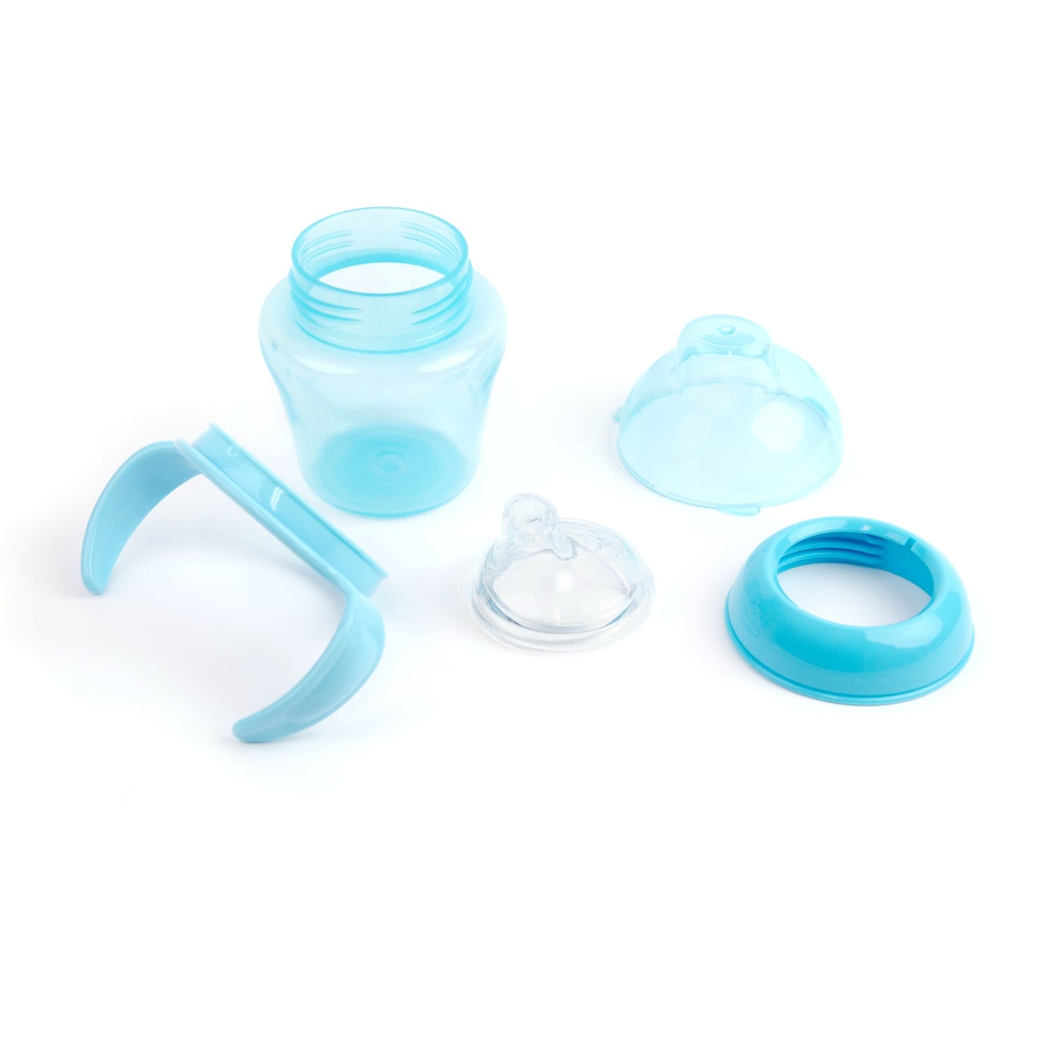 Disassembled Primo Passi Blue Sippy Cup showing all removable components, including the cup, easy-grip handle attachment, soft silicone spout, threaded lid ring, and protective travel cap for easy cleaning and assembly.