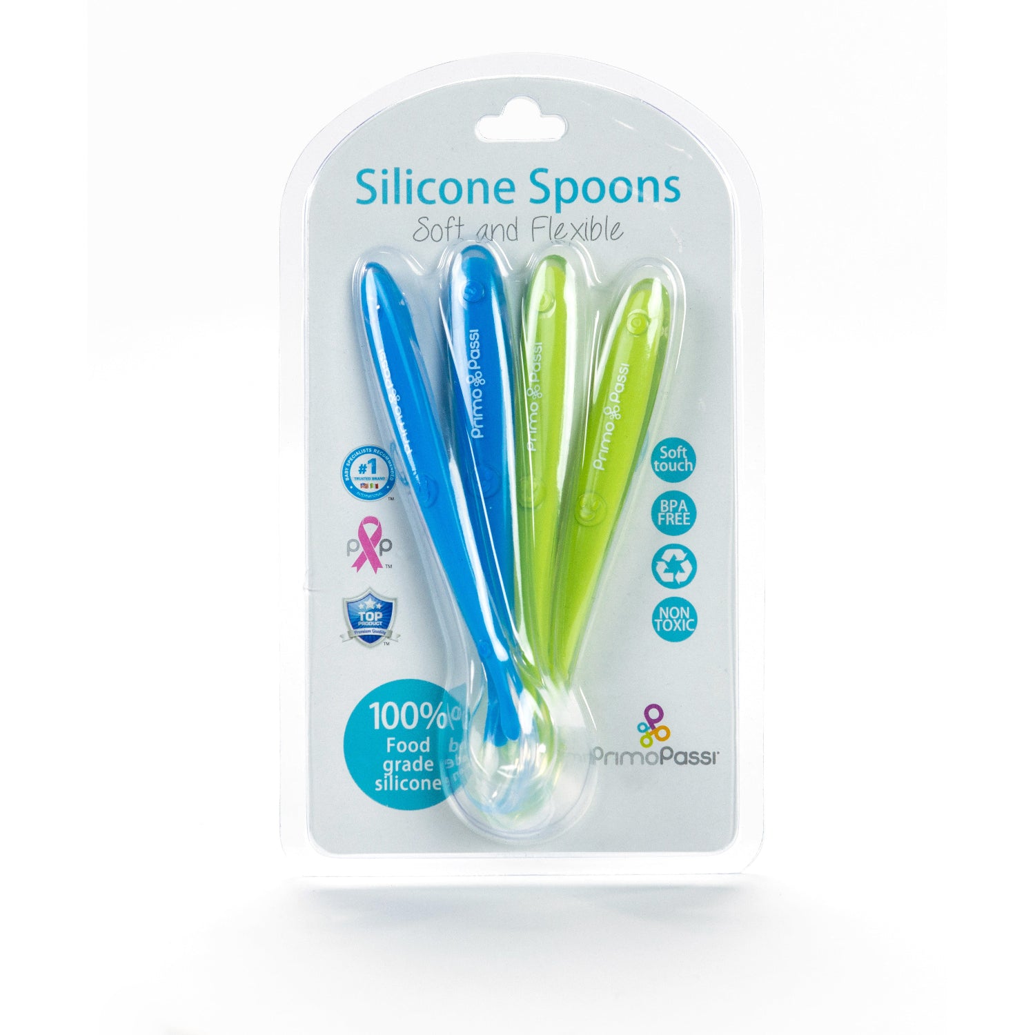 A 4-pack of silicone baby spoons in blue and green, packaged in a clear blister pack with a white backing card. The brand name 'Primo Passi' is visible on the packaging.