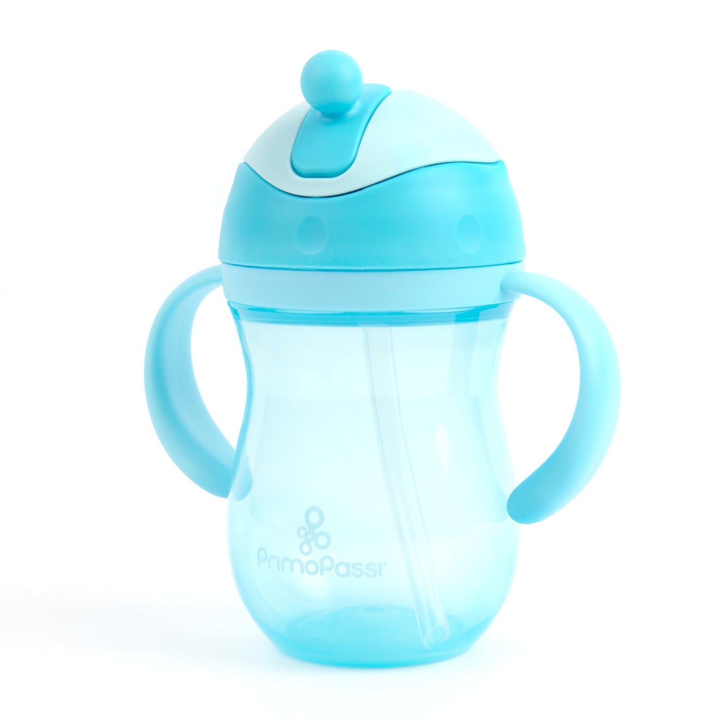 Primo Passi Blue Straw Training Cup with easy-grip ergonomic handles, a flip-top lid, and a soft silicone straw displayed on a white background. The spill-resistant cup features measurement markings, a weighted straw for easy drinking from any angle, and a BPA-free design that helps toddlers transition from bottles to independent drinking.