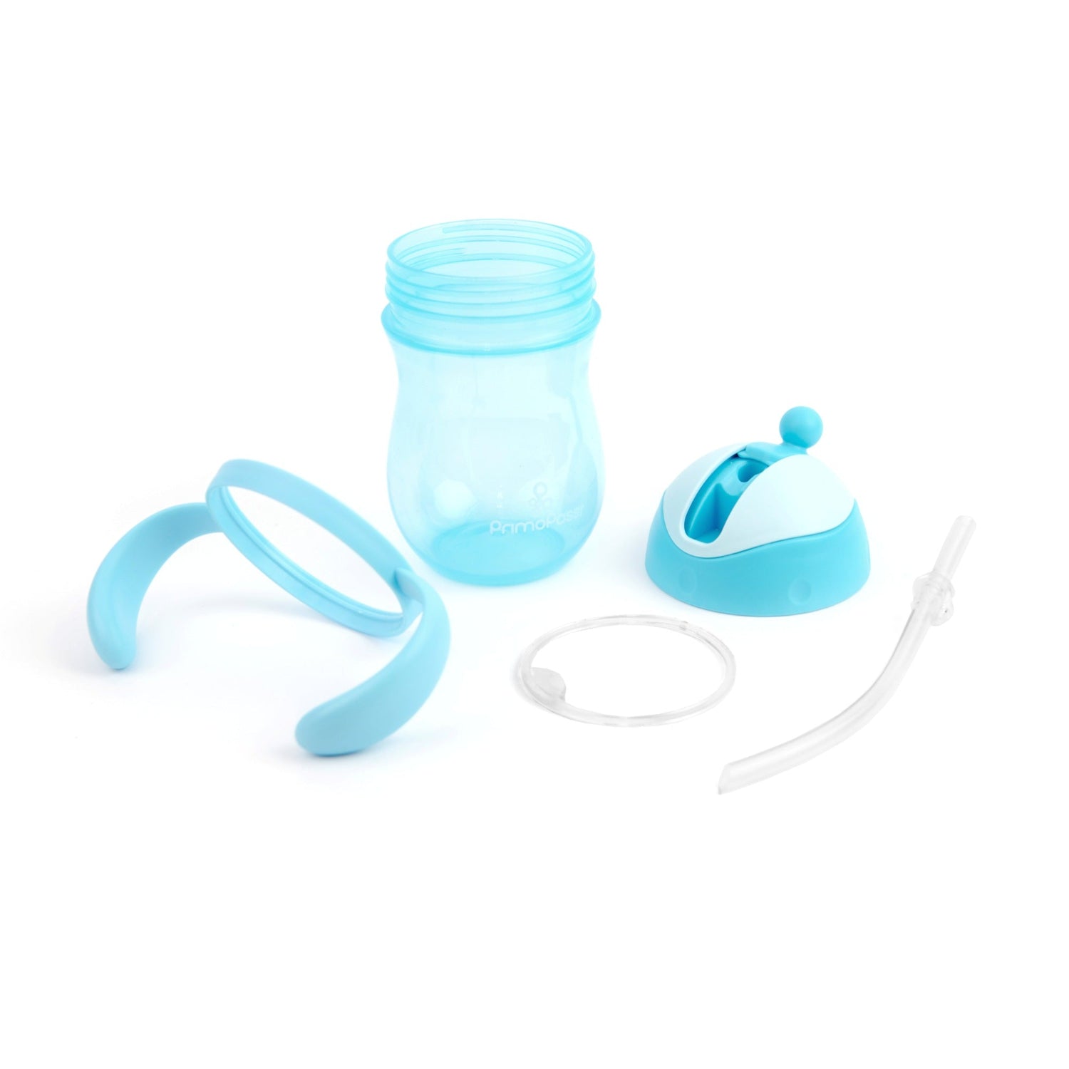 Disassembled Primo Passi Blue Straw Training Cup showing all removable parts, including the 7 oz (200 ml) cup with easy-grip handles, leak-proof lid, soft weighted straw, and silicone sealing ring for easy cleaning and assembly.