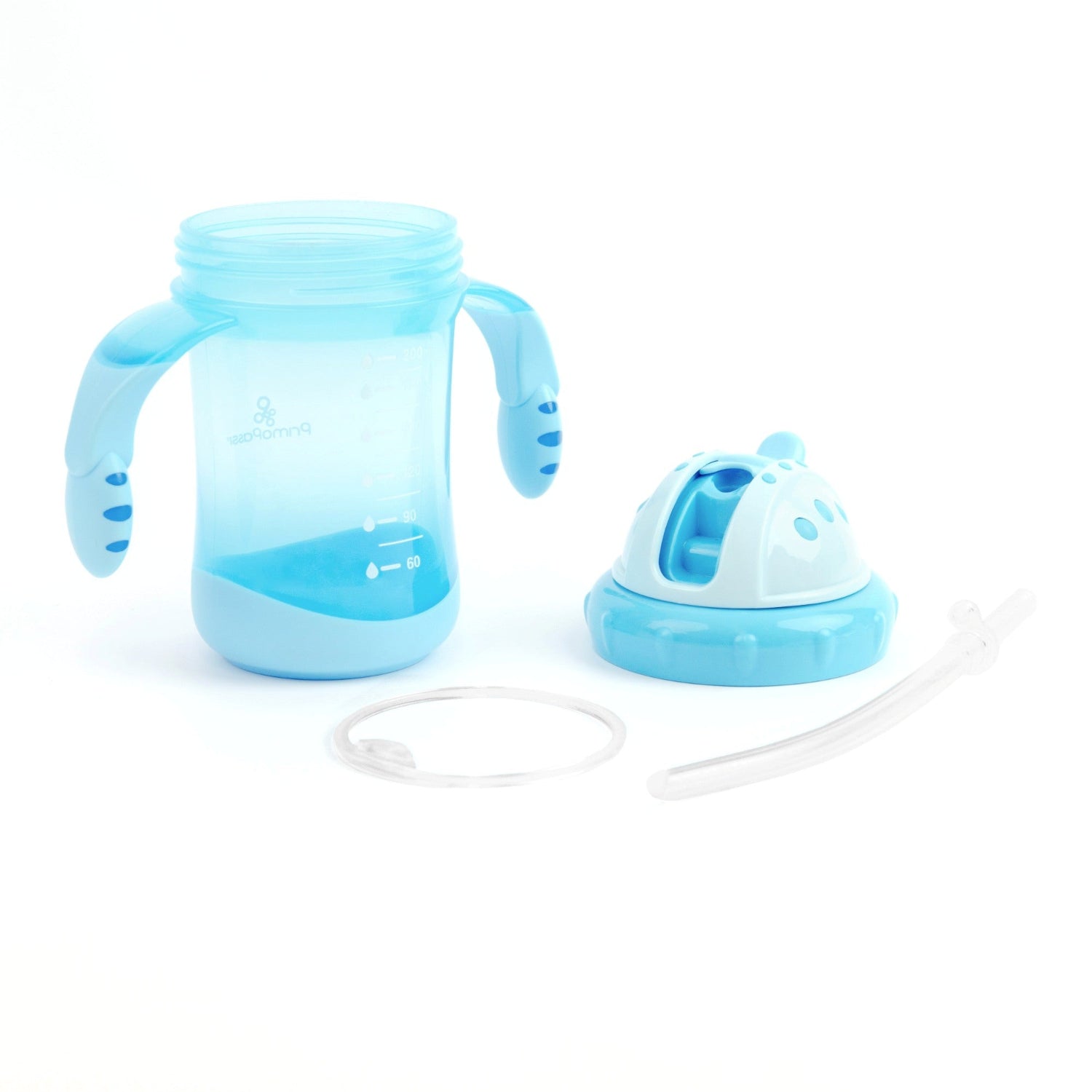 Disassembled Primo Passi Blue Straw Training Cup showing all removable parts, including the 7 oz (200 ml) cup with easy-grip handles, leak-proof lid, soft weighted straw, and silicone sealing ring for easy cleaning and assembly.