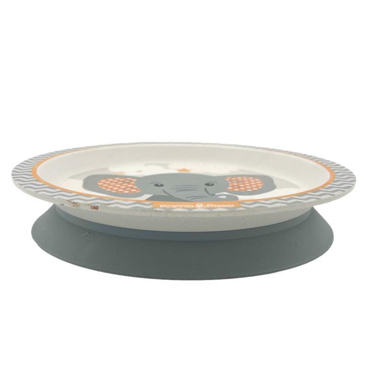 Round children's plate featuring a cute gray elephant surrounded by clouds and stars in soft gray and mustard tones. The plate has a gray chevron-patterned rim and is shown on a white background.