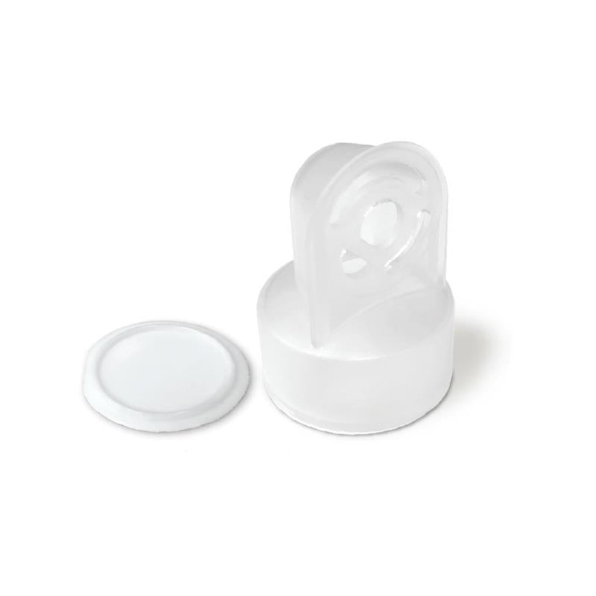 The breast pump replacement is a translucent white silicone or plastic bottle cap or small container component with a separate circular lid, shown on a clean white background.