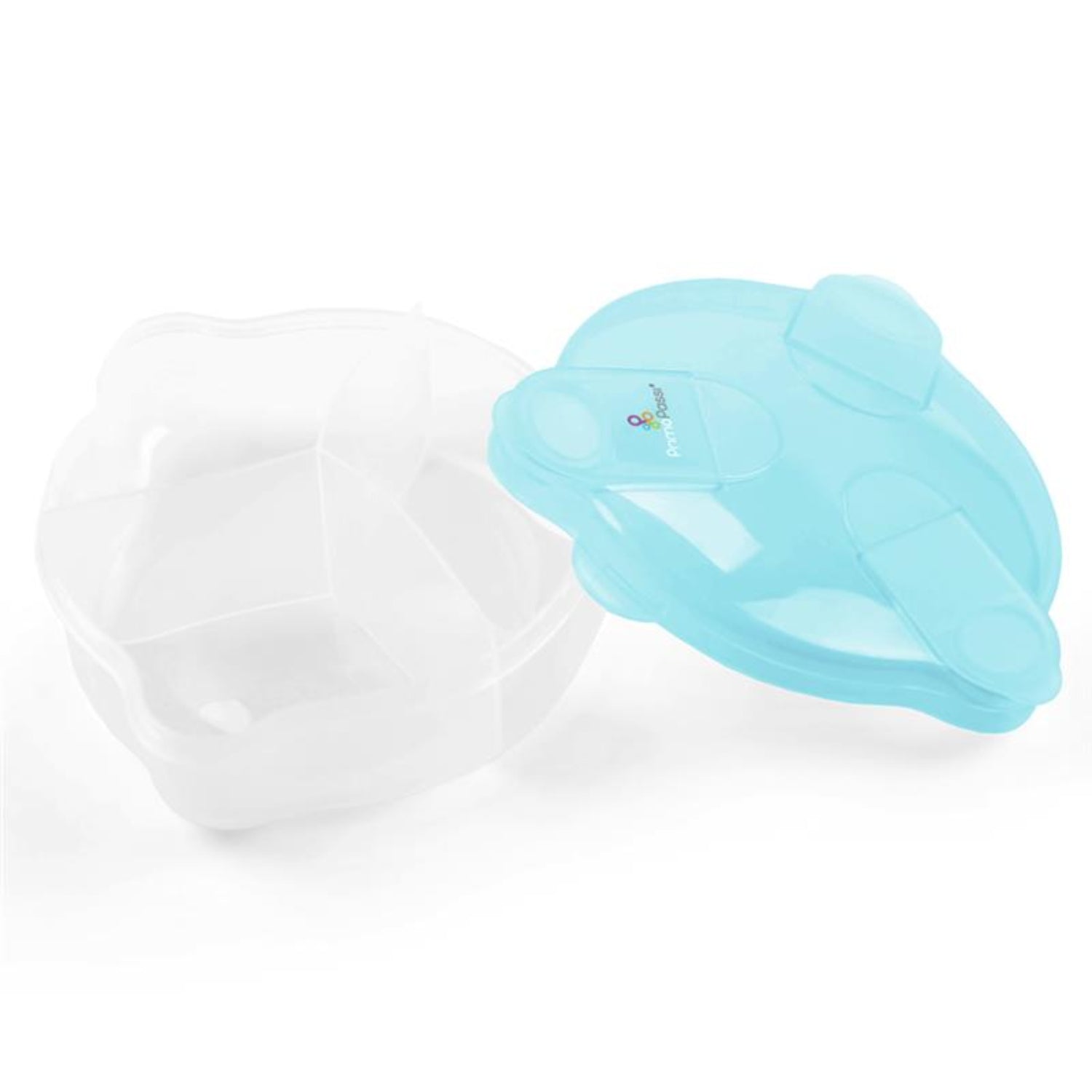 Primo Passi blue three-compartment baby formula dispenser with flip-top lids on a white background.