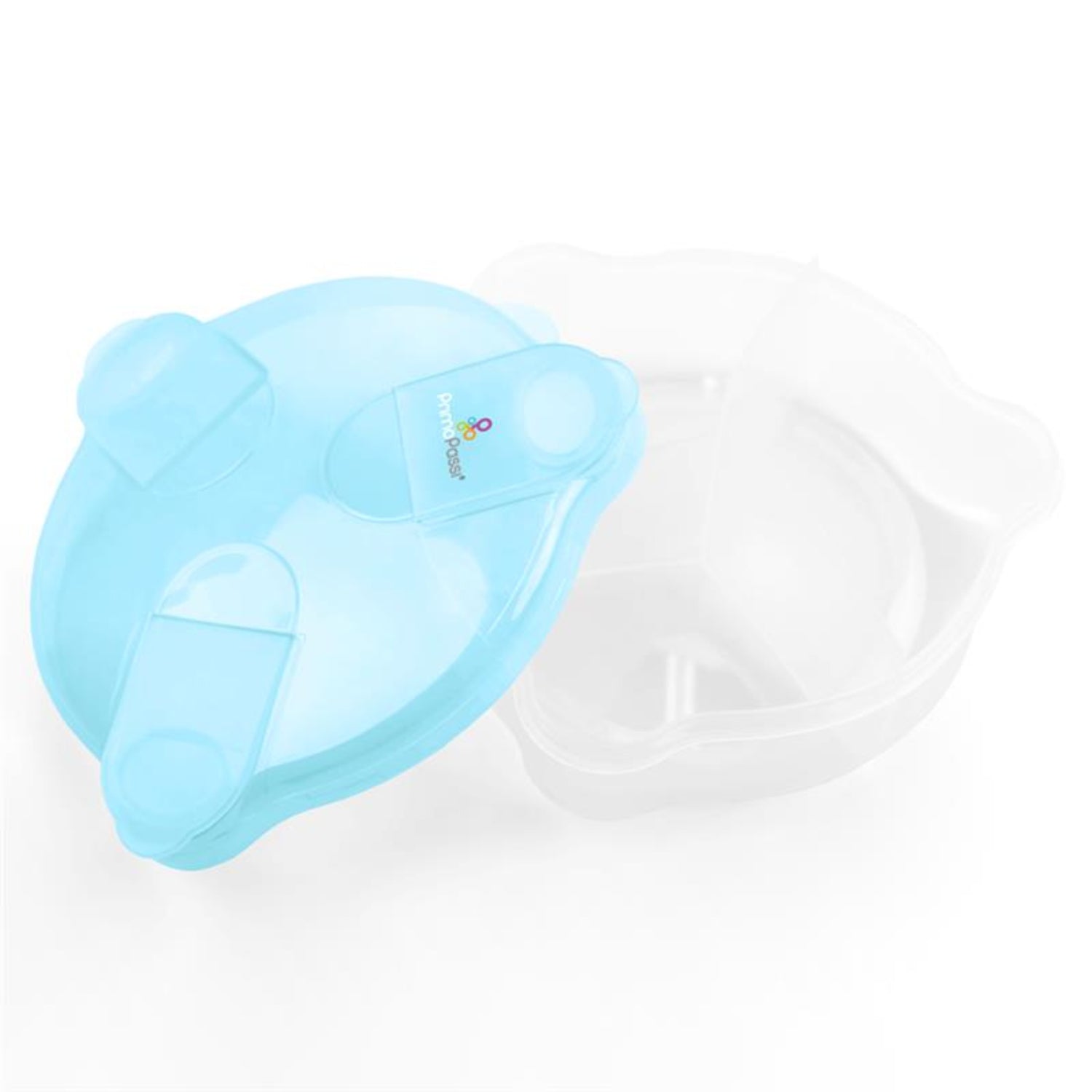 Primo Passi blue three-compartment baby formula dispenser with flip-top lids on a white background.